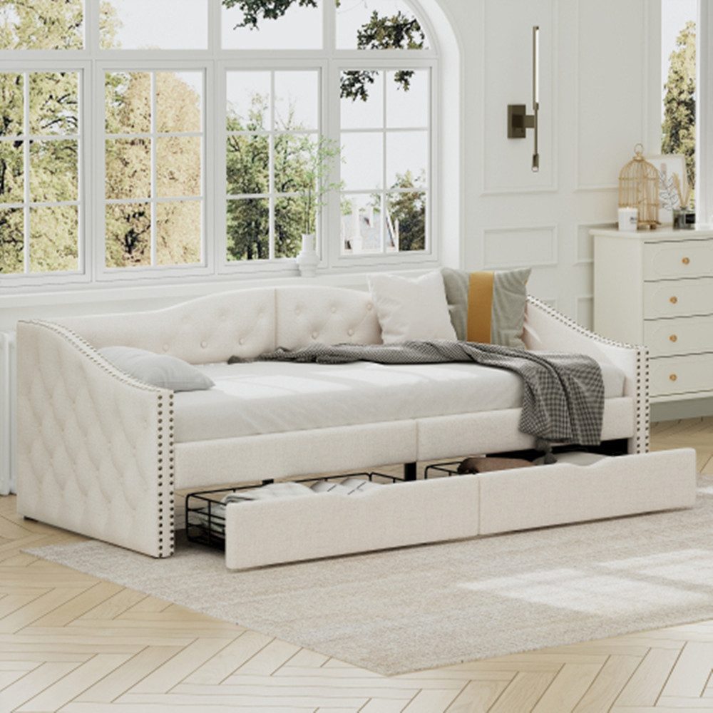 XDeer Bett Sofabett, Tagesbett, Einzel-Tagesbett mit Schubladen, großer Stauraum, Beige 90*200cm
