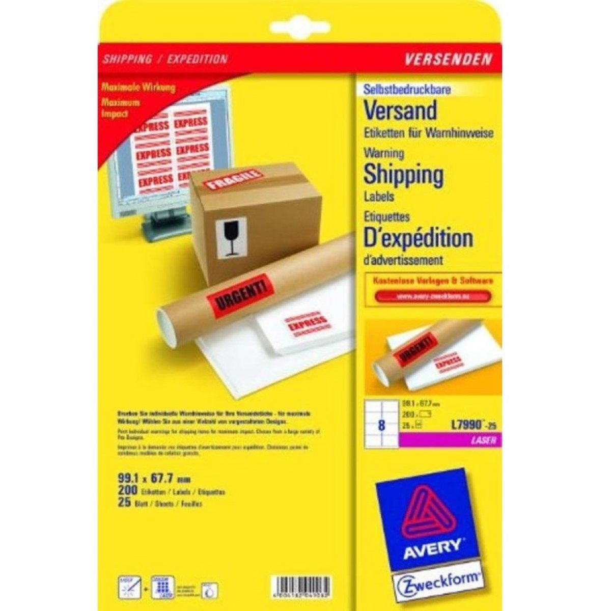 Avery Zweckform Etiketten 200x Warn-Etiketten 67,7x99,1mm Weiß L7990-25, Selbstklebend Paket-Aufkleber Versand Etiketten für A4 Laser Drucker