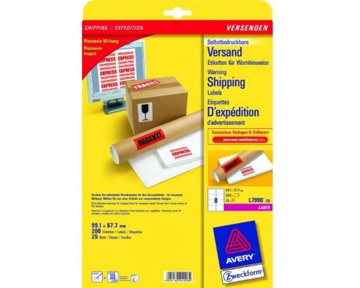 Thumbnail - Avery Zweckform Etiketten 200x Warn-Etiketten 67,7x99,1mm Weiß L7990-25, Selbstklebend Paket-Aufkleber Versand Etiketten...