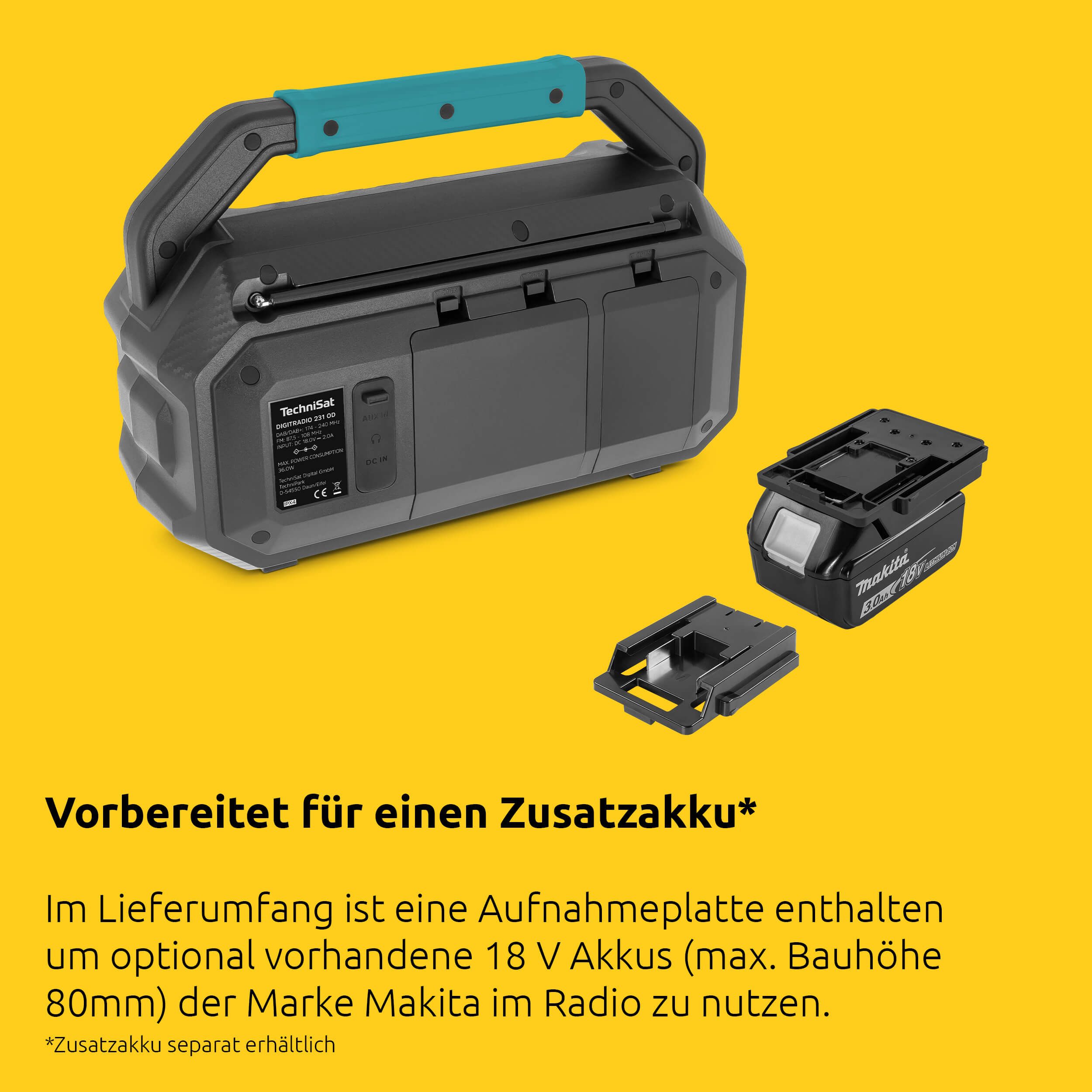 TechniSat VIOLA 231 OD Baustellenradio (Digitalradio (DAB), FM-Tuner mit RDS, 30 W, IPX4 Schutz, 18-V-Akkuaufnahme, Bluetooth)