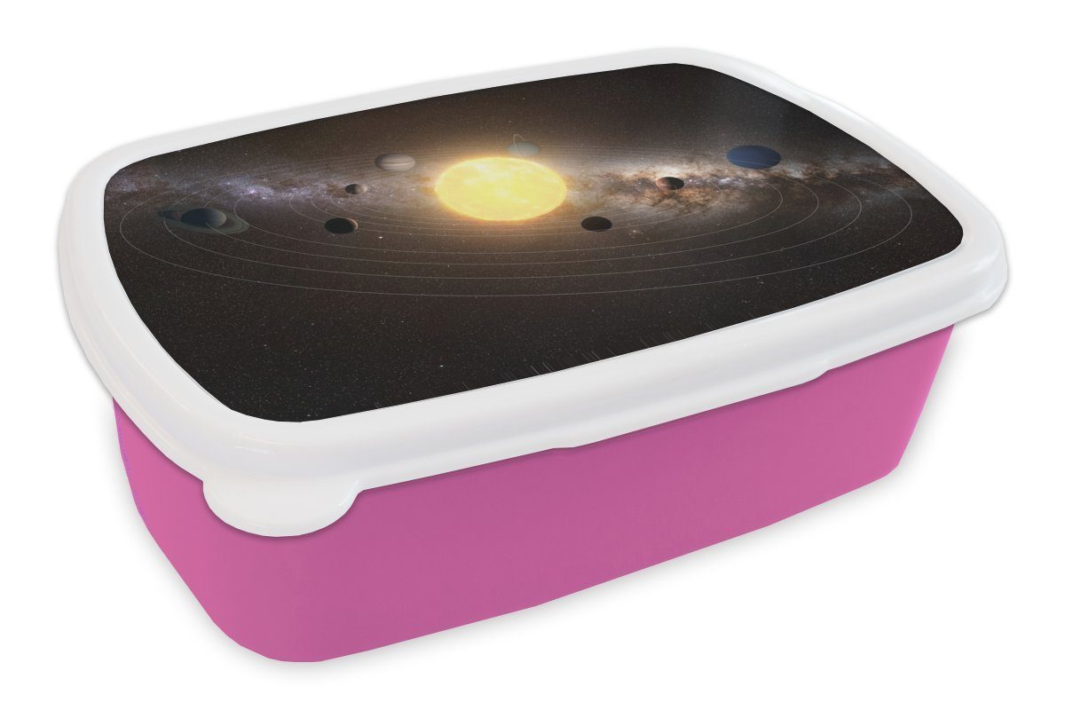 Kunststoff, Zentrum, im Mädchen, mit rosa Kinder, Eine Snackbox, für des (2-tlg), Kunststoff Illustration Sonne Brotbox Brotdose Erwachsene, MuchoWow der Lunchbox Sonnensystems