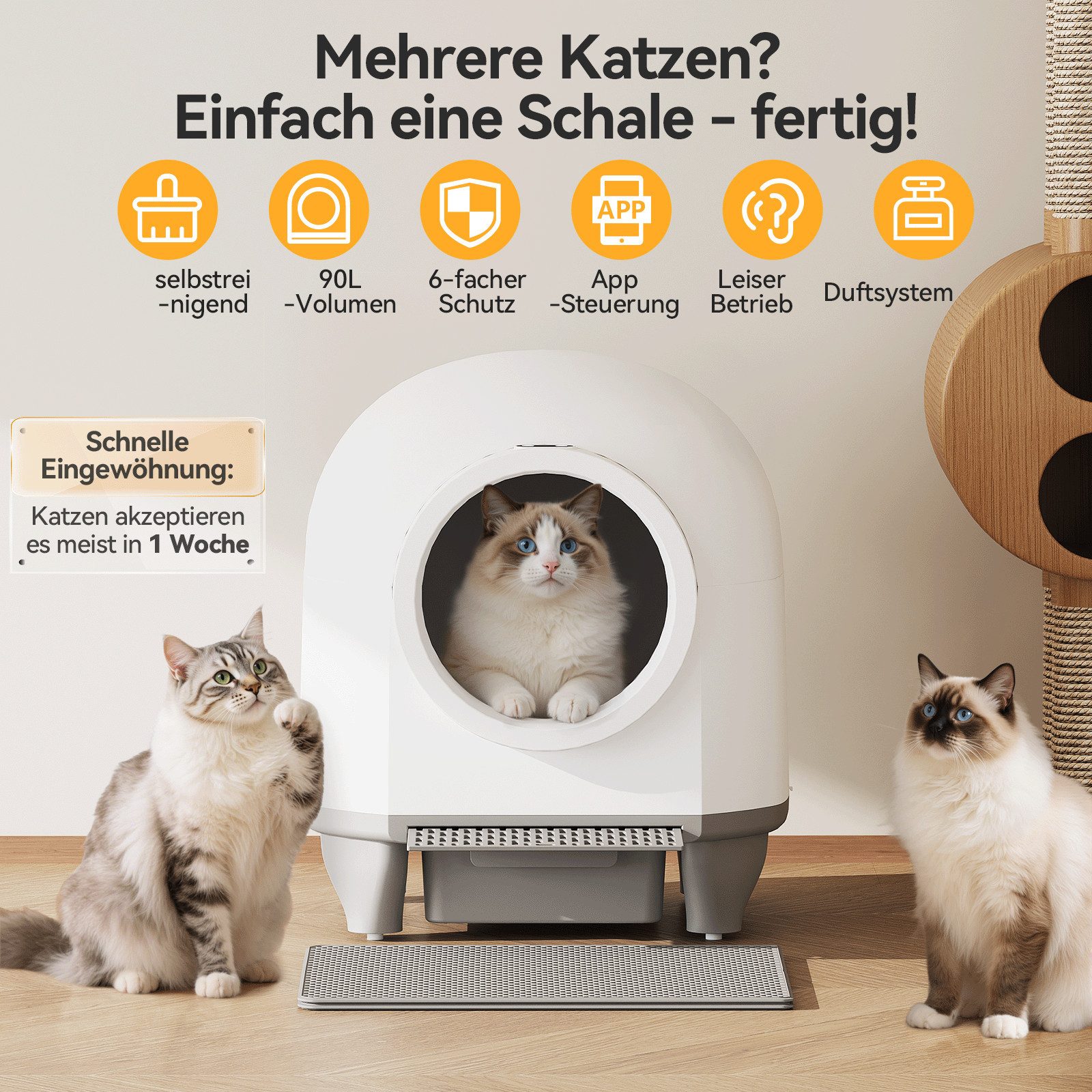 HOMALL Katzentoilette XXXL katzenklo selbstreinigend für grossen katzen,Sicherheitsschutz x7, mit Aromabox, Matte, leiser Betrieb & Nachtmodus – für Mehrkatzen