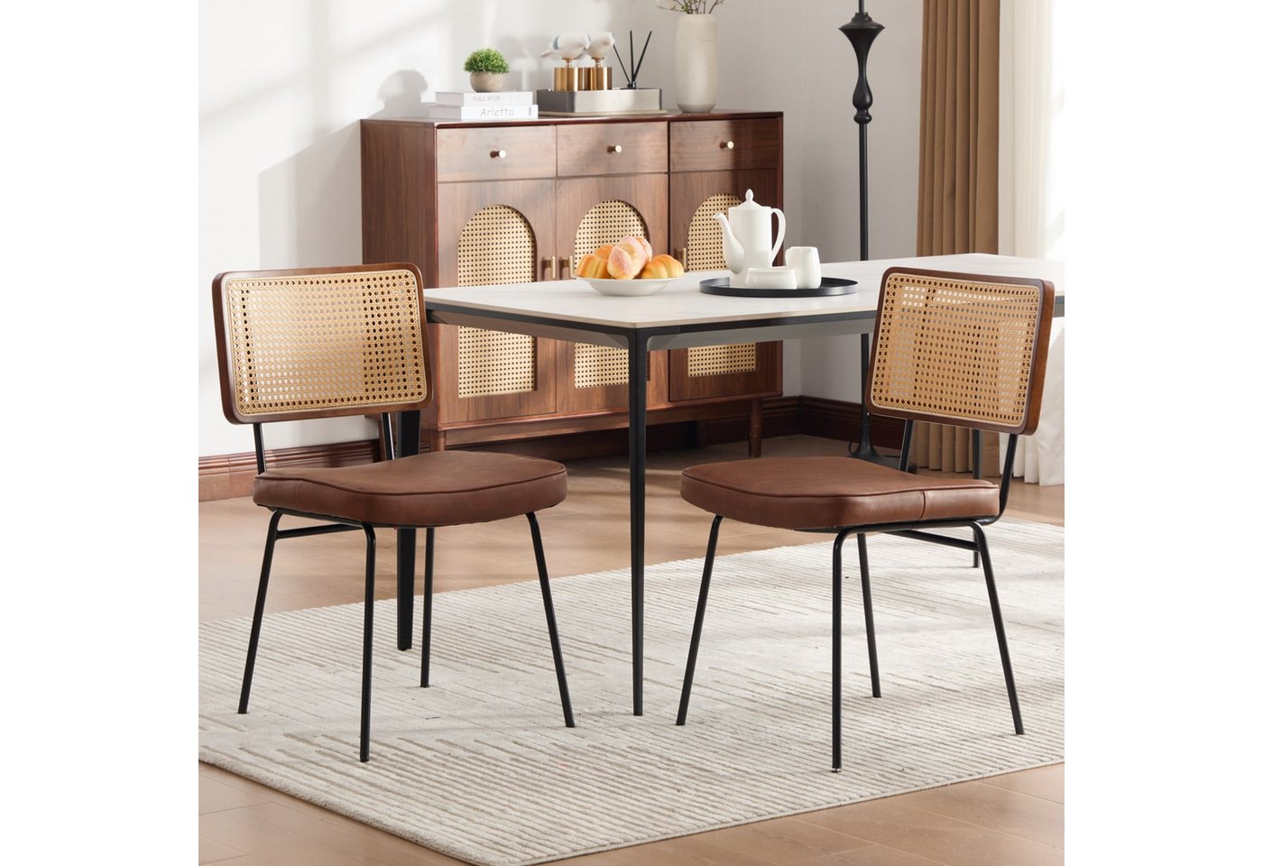 SeedWave Esszimmerstuhl 2er Set Küchenstuhl Retro Metallstuhl, PE-Rattan Rücken mit Holzrahmen, Stuhlset mit Kunsterlederbezug, 120kg Belastbarkeit