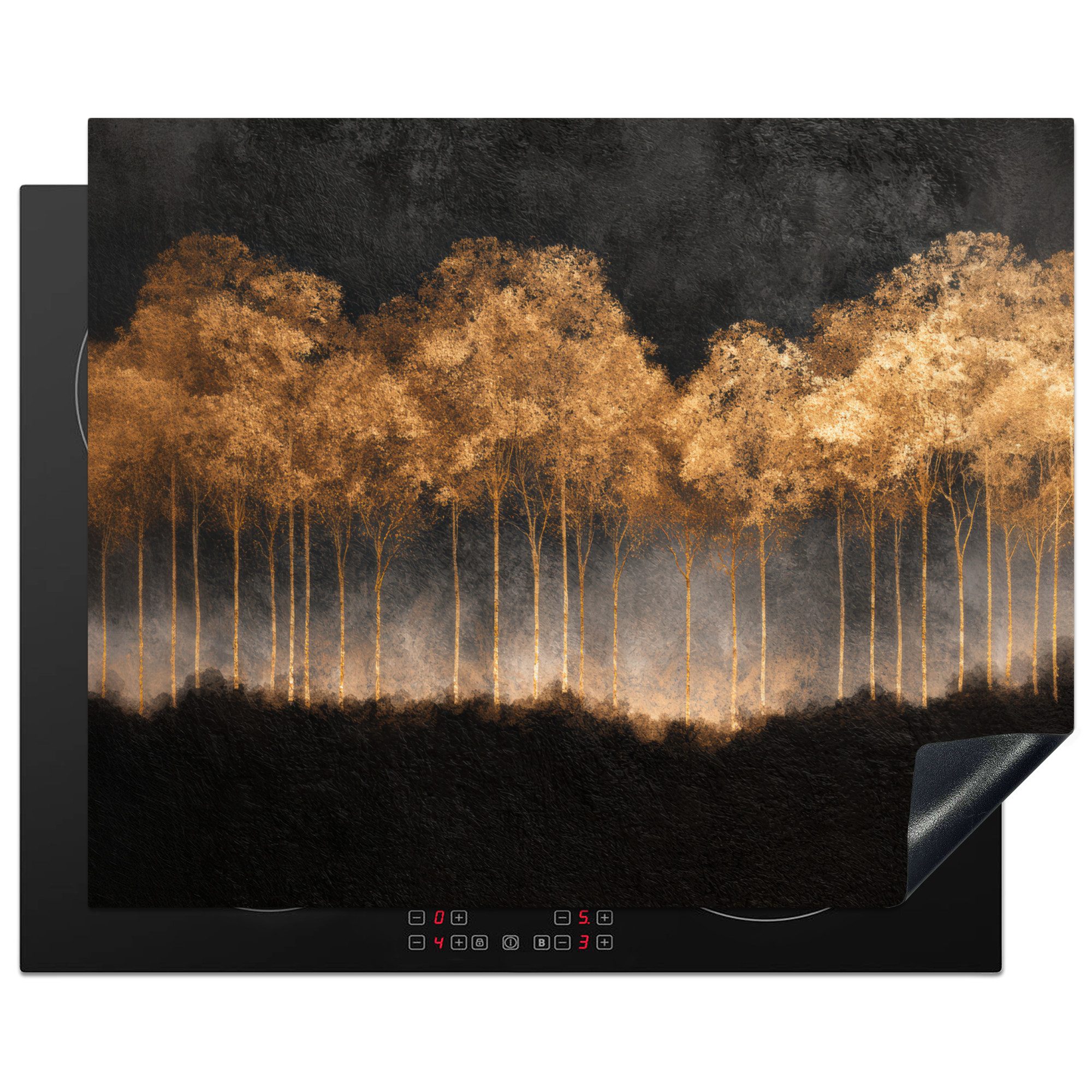 MuchoWow Herd-Abdeckplatte Goldene Bäume in nebliger Landschaft, Vinyl, (1 tlg), Abdeckung Induktionskochfeld Schutzmatte, Küche Deko, 65x52 cm
