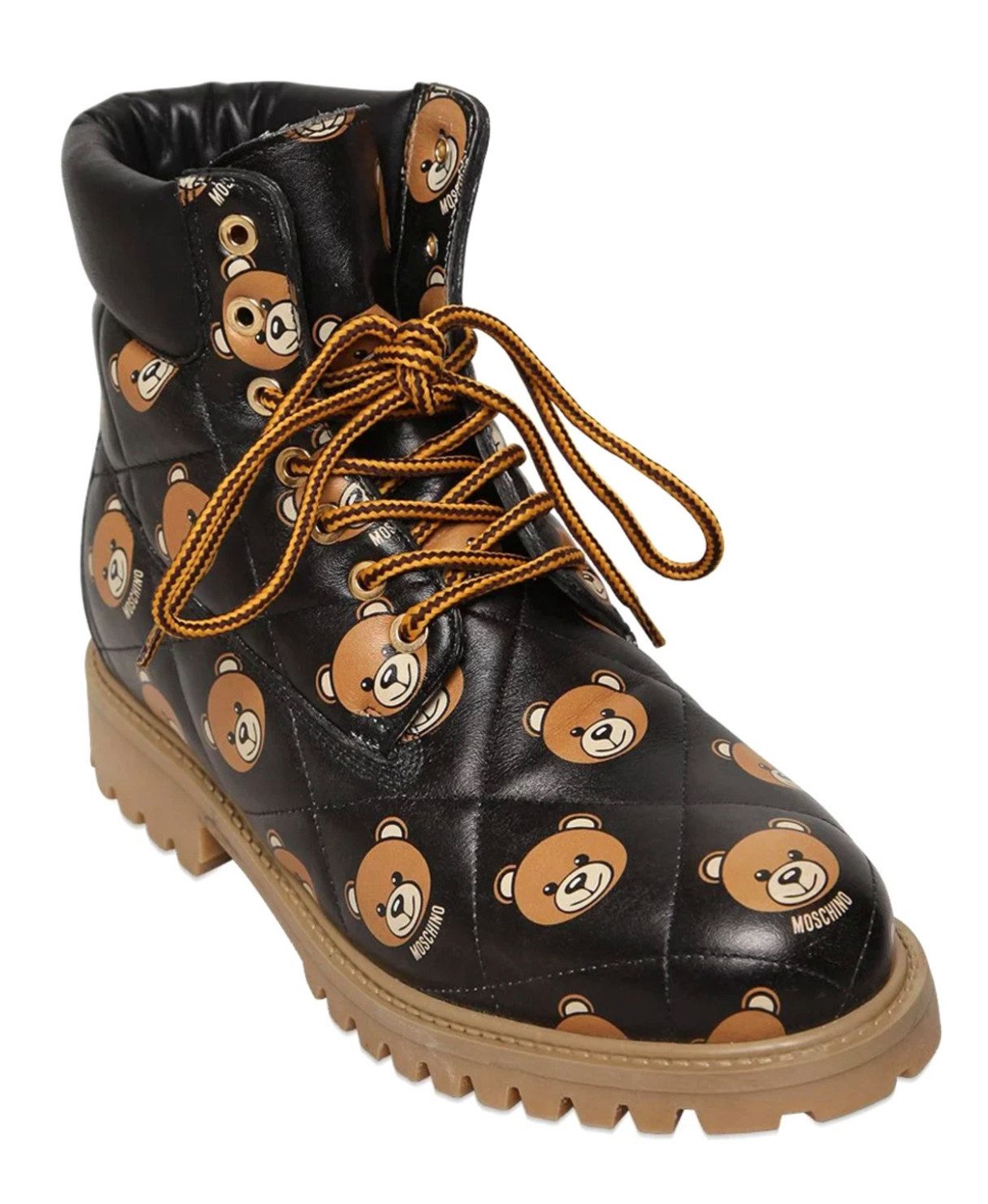 Moschino COUTURE Teddy Bear Quilted Ankle Combat Boots Schnürboots Teddy-Alloverprint – ikonisch und charakterstark