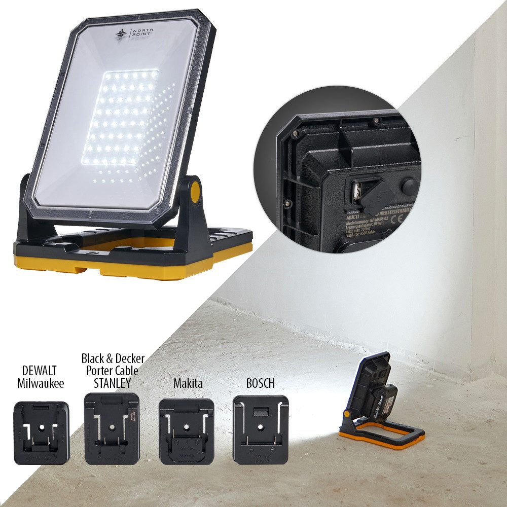 Northpoint LED Baustrahler Akku Arbeitsstrahler 3000lm dimmbar 30W kompatibel mit 7 Akkusystemen