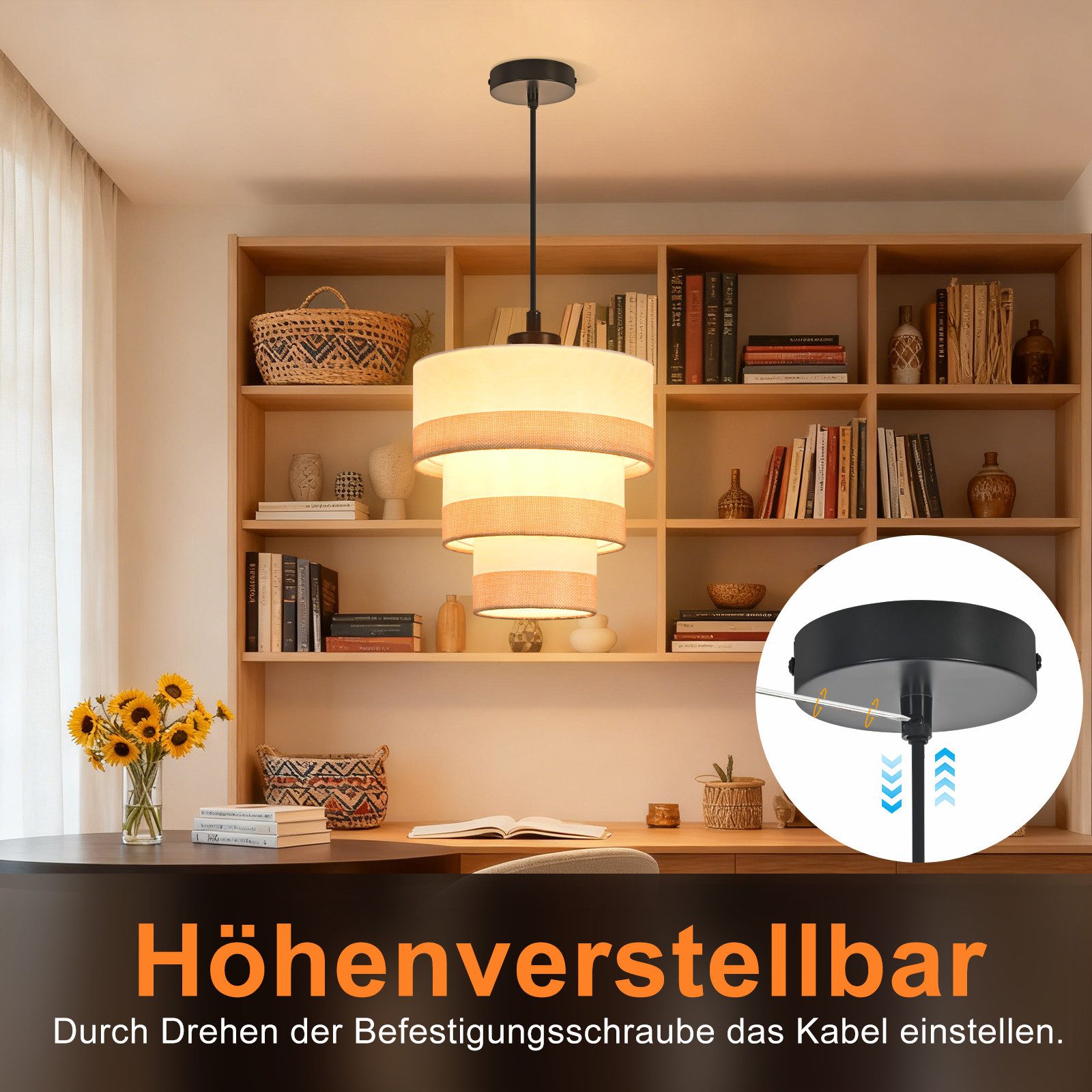 ZMH Pendelleuchte Esstisch 1/3/4 flammig E27 Retro Stoff Esszimmerlampe, ohne Leuchtmittel, 120cm Höhenverstellbare Hängeleuchte für Küche Wohnzimmer