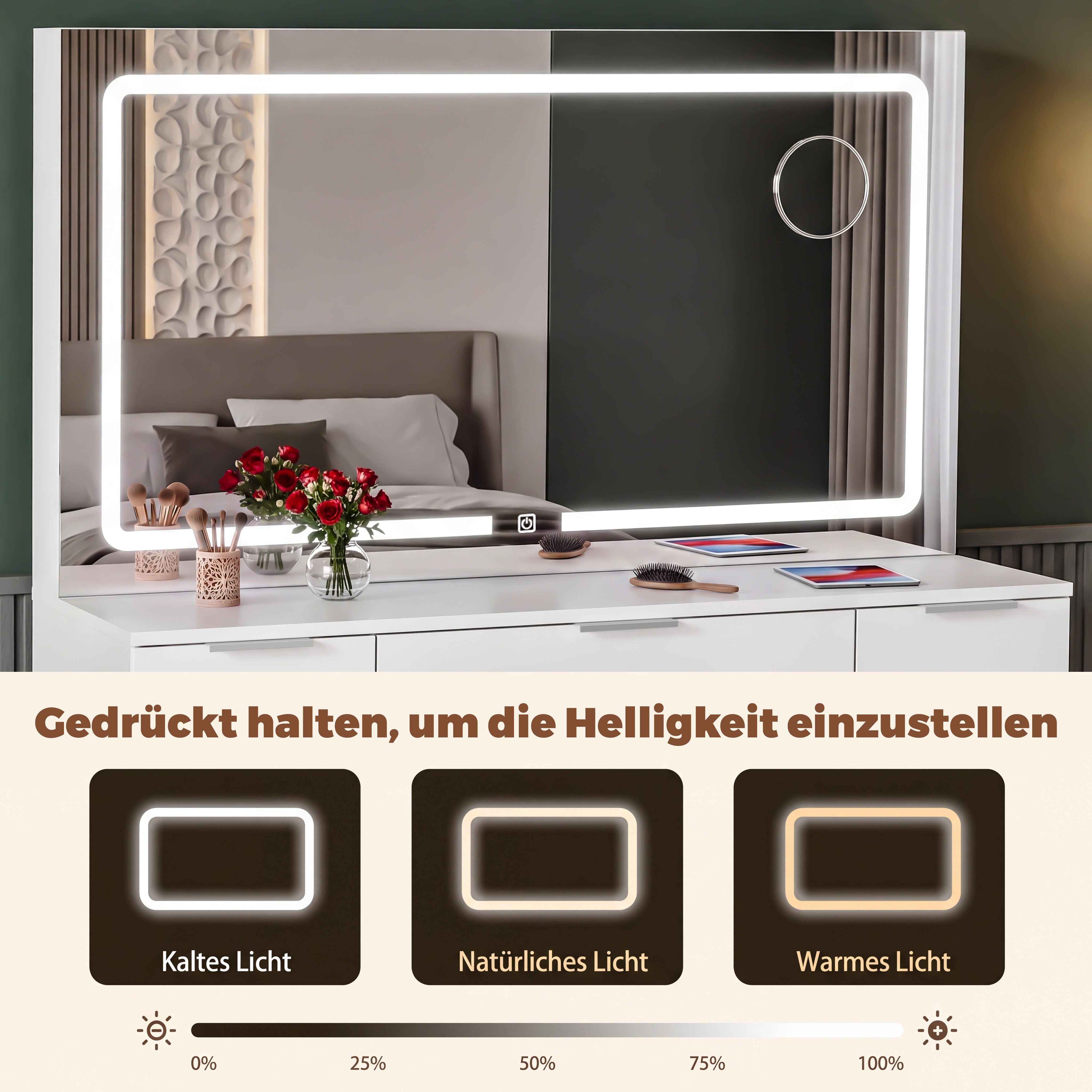 oyajia Schminktisch Kosmetiktisch mit Hocker & LED-Beleuchtung (Einstellbare drei Farbtemperaturen, um Ihr perfektes Make-up zu präsentieren), Mit 11 Schubladen,Steckdosen,Großer Spiegel