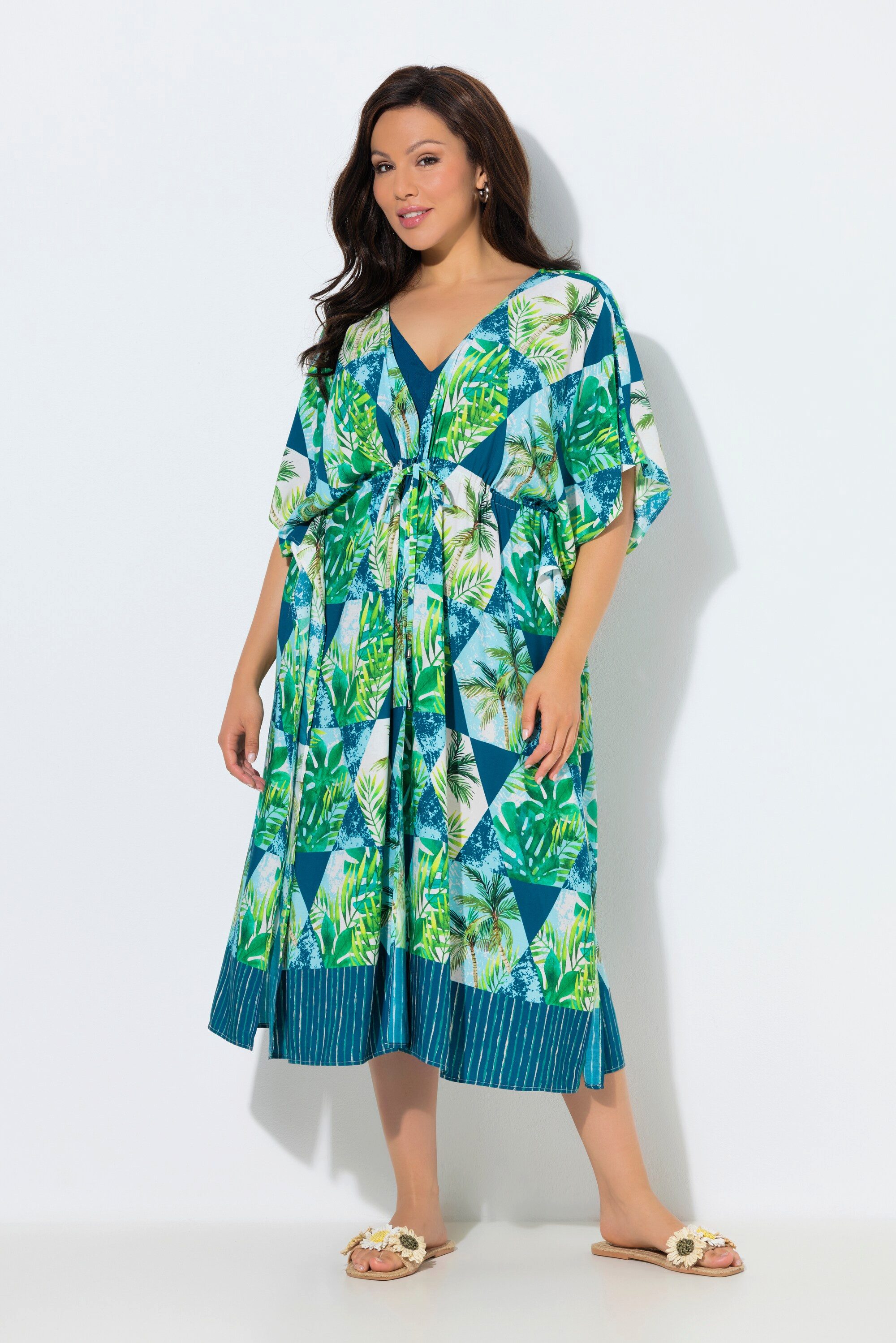 Ulla Popken Strandkleid Kaftan Palmen V-Ausschnitt Halbarm günstig online kaufen