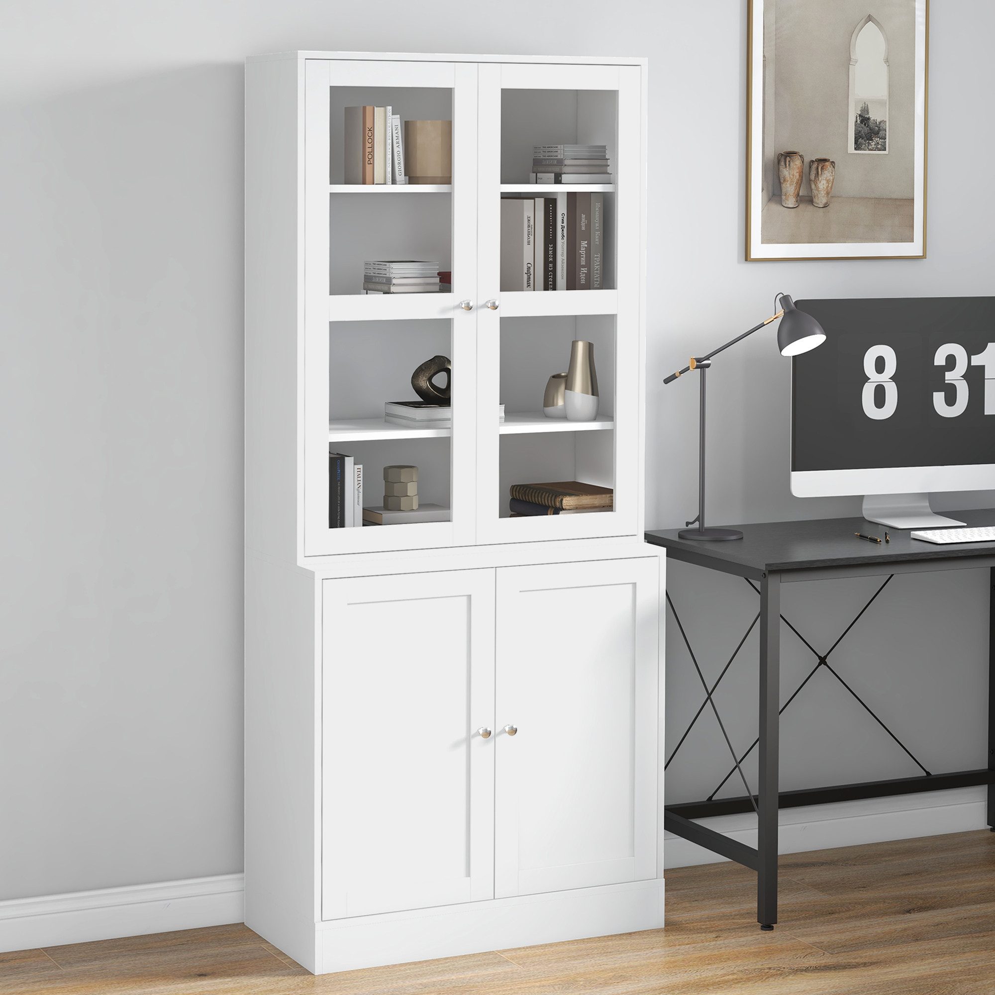 HOMCOM Bücherregal Bücherschrank mit 6 Fächern, Türen, Standregal, Aufbewahrungsregal, Küchenschrank 1-tlg., für Wohnzimmer Büro Weiß