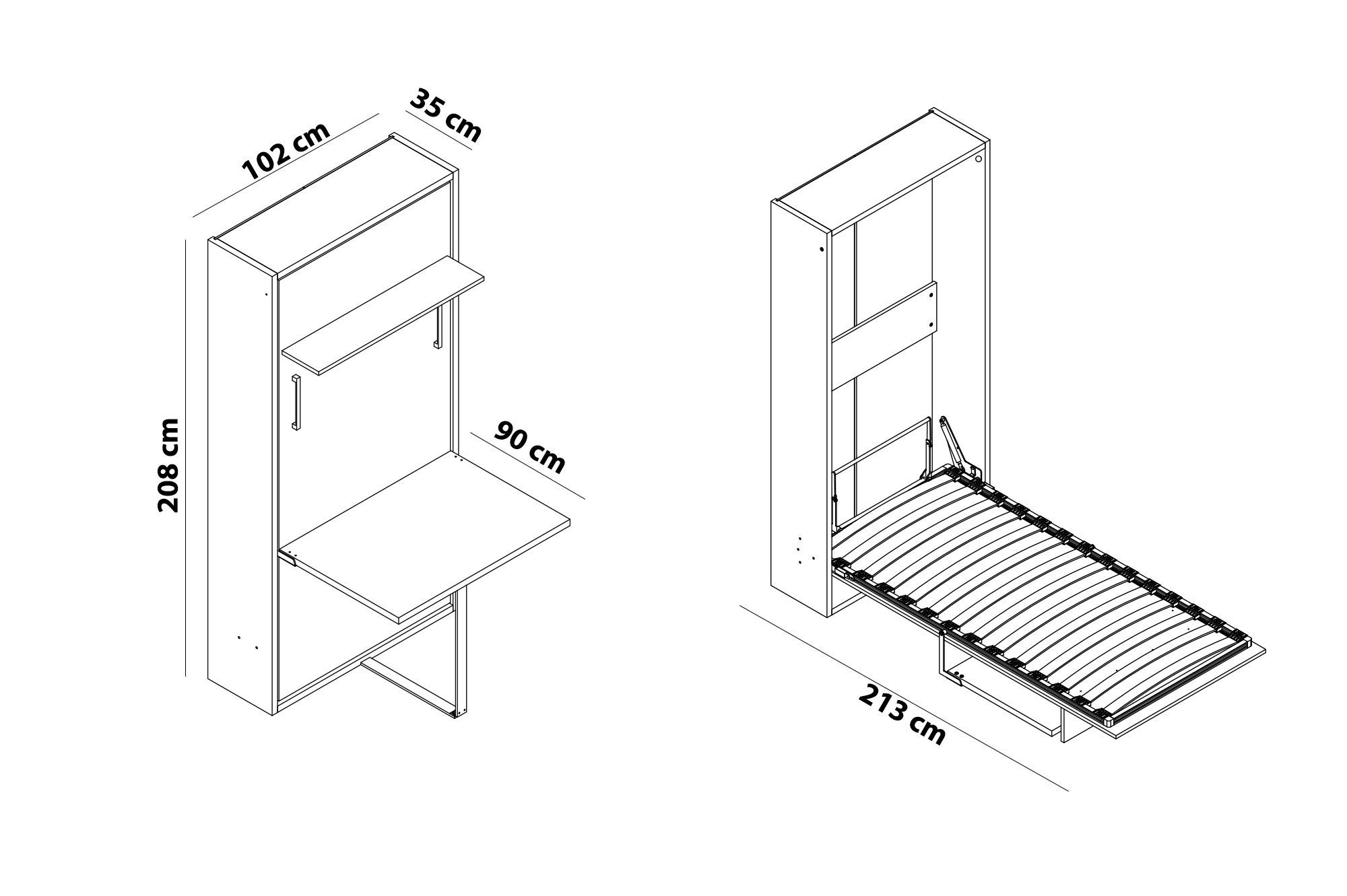 Wandbett / cm Schrankbett Multimo Schrankbett TABLE HAPPY inkl. Schreibtisch, weiß mit Lattenrost 90x190