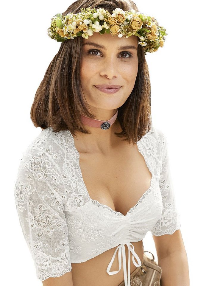Nina Von C. Dirndlbluse Halbarm Spitzen Bluse \'Malina\' 16463892, Weiß,  Zarte Spitze in floraler Optik - teilweise blickdicht unterlegt