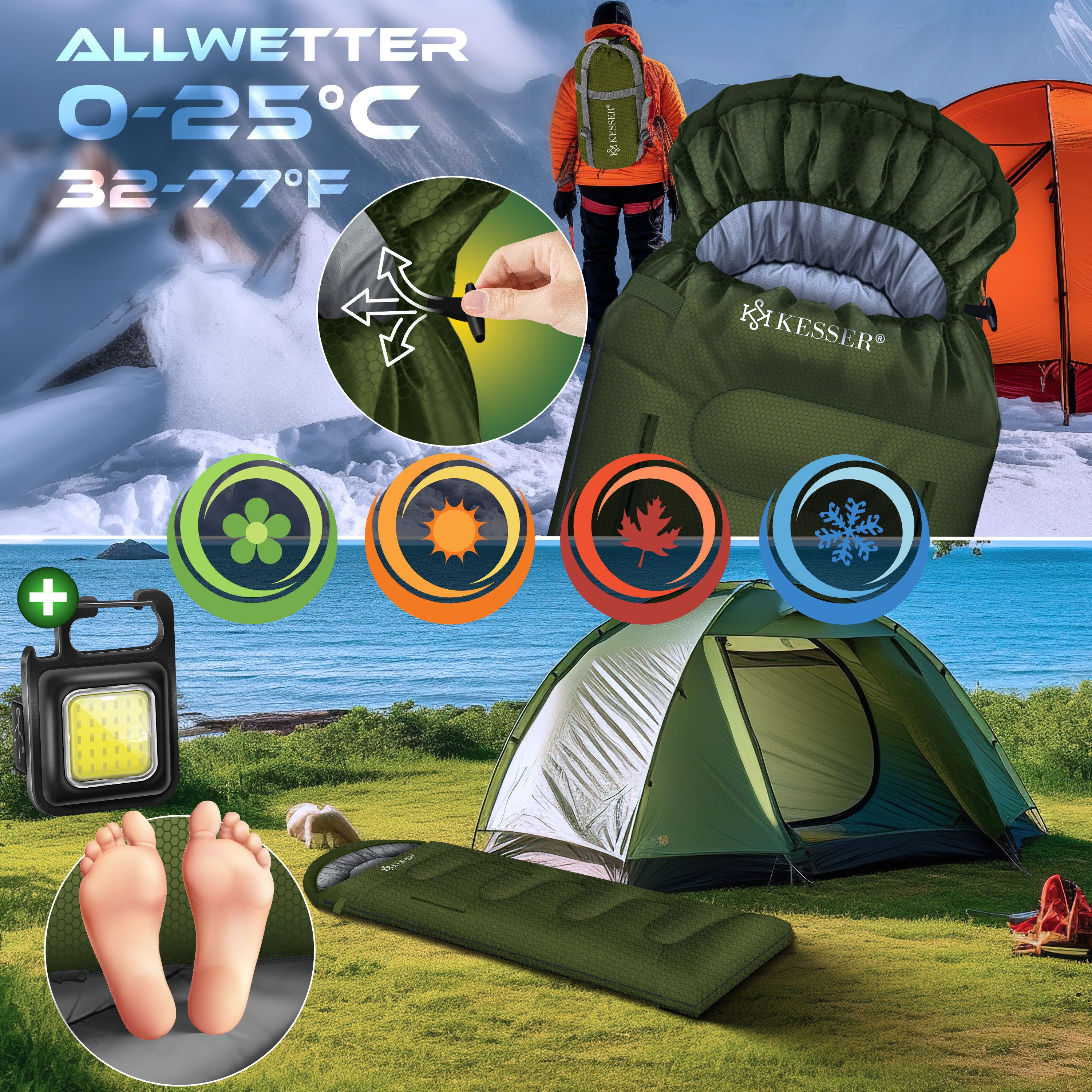 KESSER Deckenschlafsack Camping Schlafsack Outdoor 220x83cm 4 Jahreszeiten (Campingschlafsack inklusive Campinglampe & Seitentasche), für Erwachsene & Kinder Le – Bild 3 von 5