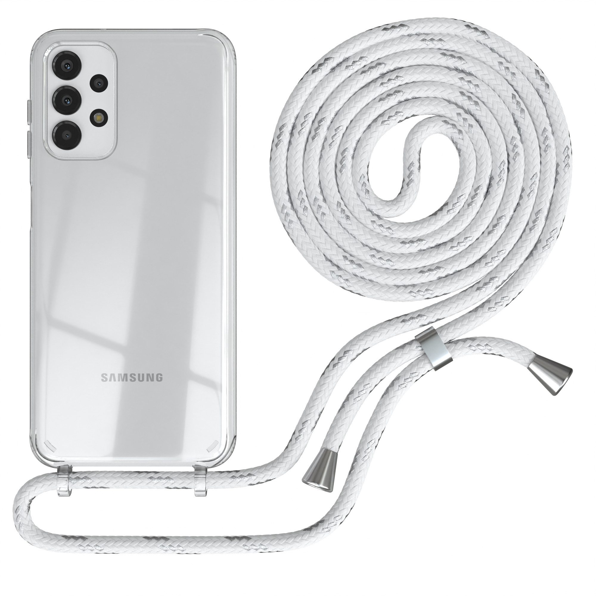 EAZY CASE Handykette Hülle mit Kette für Samsung Galaxy A13 6,6 Zoll, Hülle Smartphonekette für Unterwegs Festivalhülle Transparent Weiß