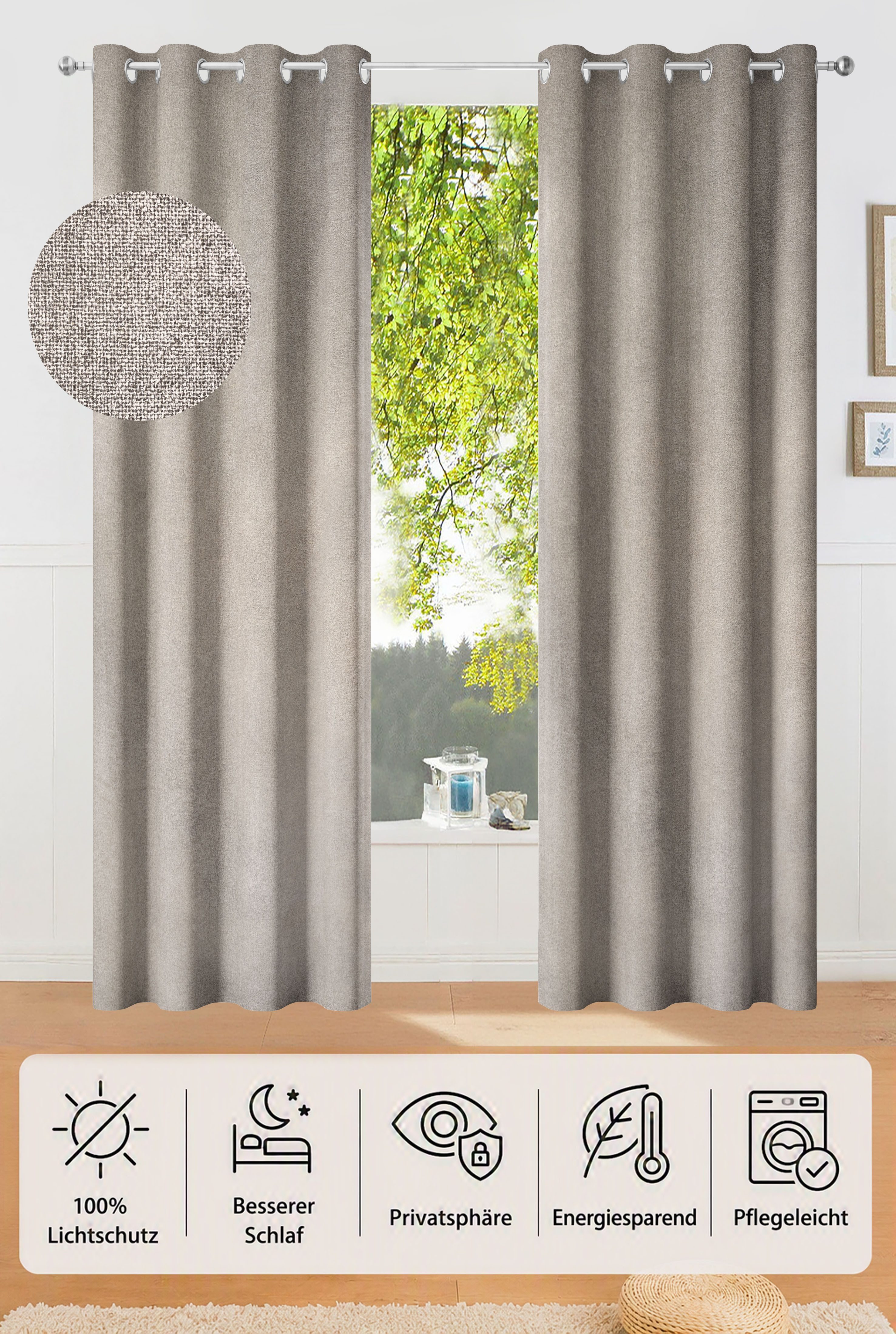 OTTO home Verdunkelungsvorhang Ronnel, 100% Lichtschutz (2 St), Ösen, verdunkelnd, Polyester, einfarbig, Wohnzimmer, Schlaf/-Kinderzimmer, 100% verdunkelnd