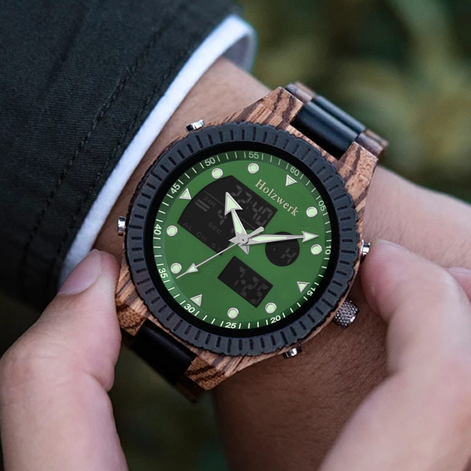 Holzwerk Digitaluhr FILDERSTADT Holz Armband Uhr mit Datum, grün, schwarz FILDERSTADT