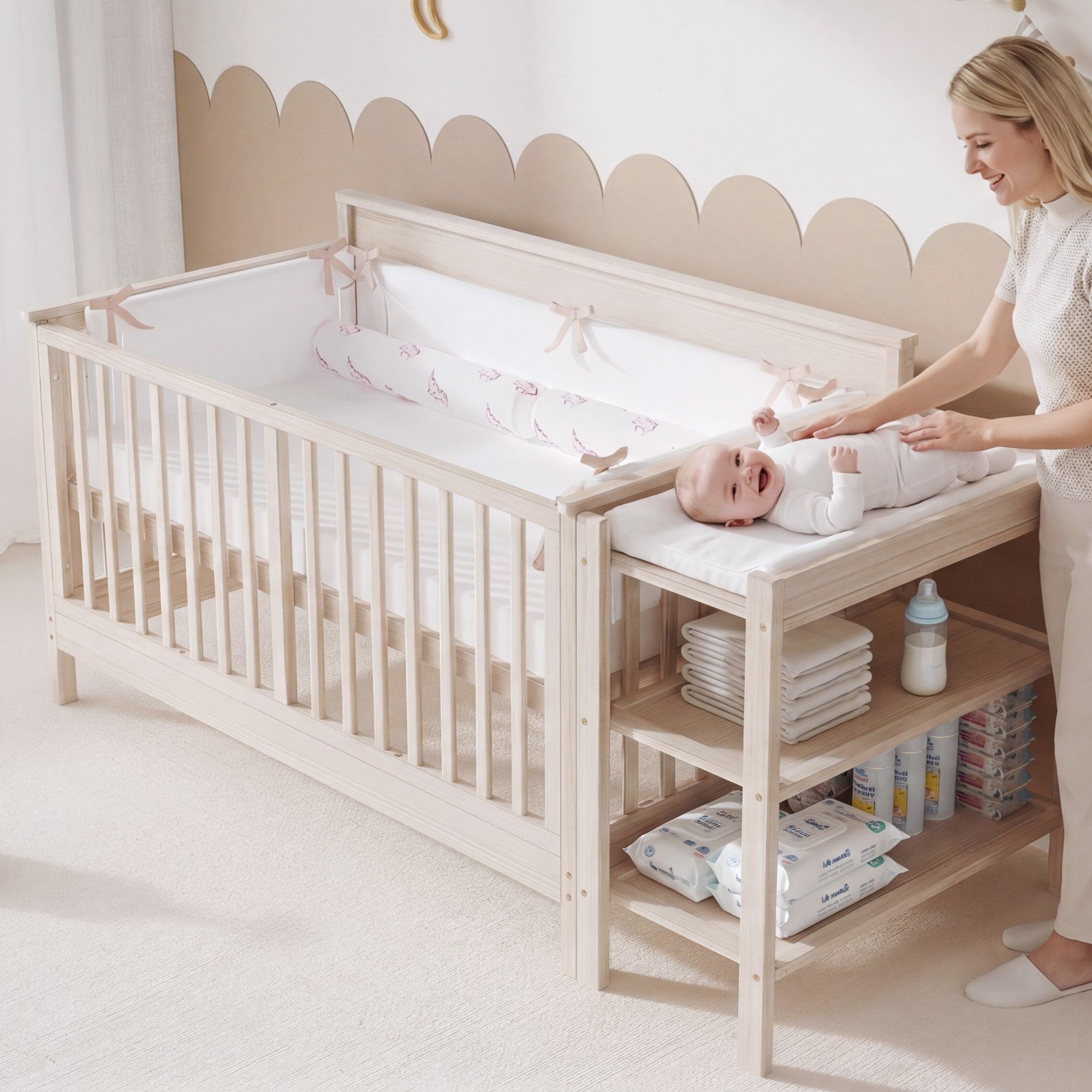 Merax Babybett 3-in-1 Gitterbett 140x70 cm, Massivholz Kinderbett, 1-tlg., 3-fach höhenverstellbar, Beistellbett & Sofa-Modus, mit Wickeltisch