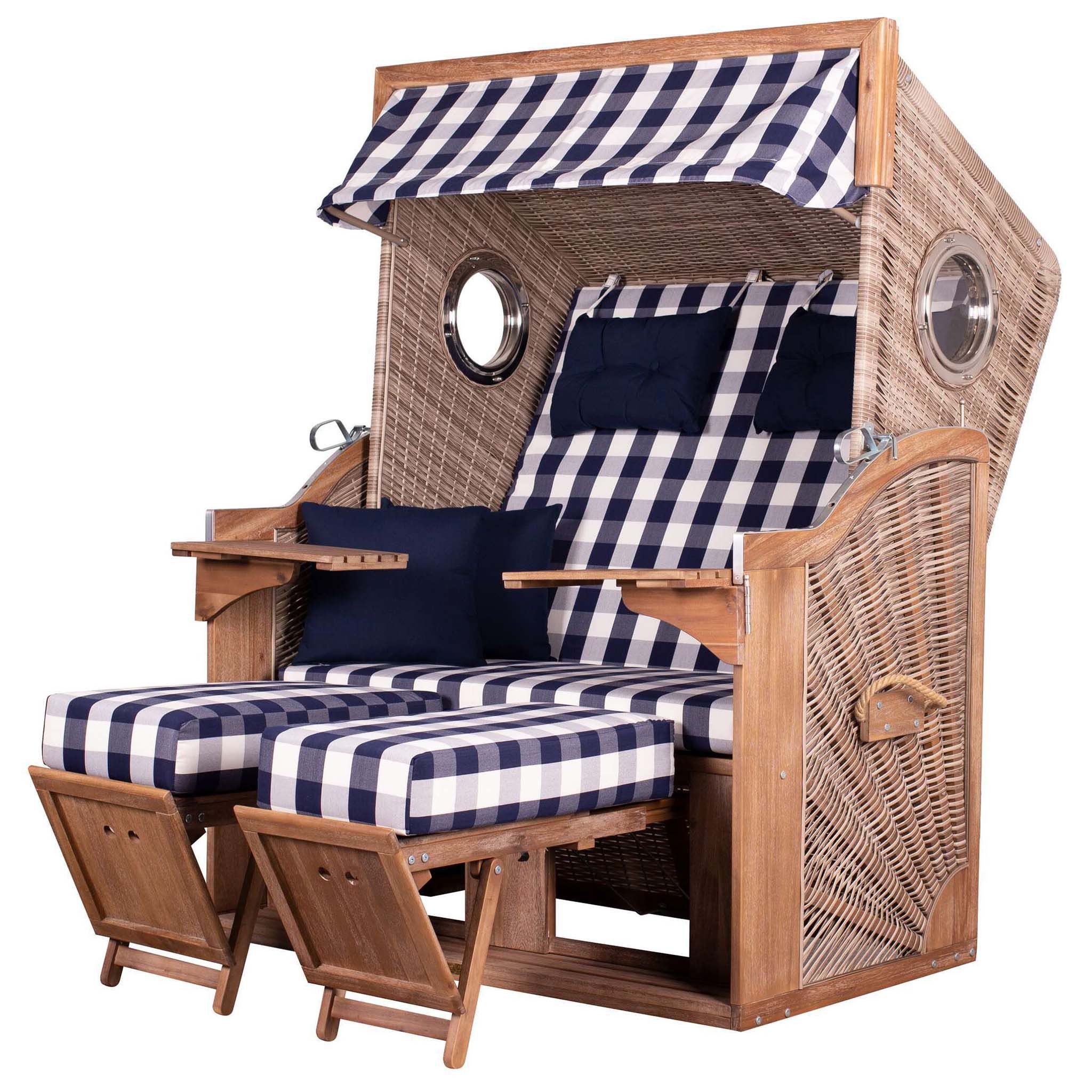deVries PURE® Strandkorb Greenline 135XL - PE anthique white - Dessin 743, BxTxH: 130x80x165 cm, Dreiviertellieger, Ostsee-Strandkorb, (Strandkorb-Komplettset, 2-tlg., Strandkorb inkl. passender Premium Schutzhaube), FSC®-zertifiziertes Holz, Windschutzfolie und Rückholfeder