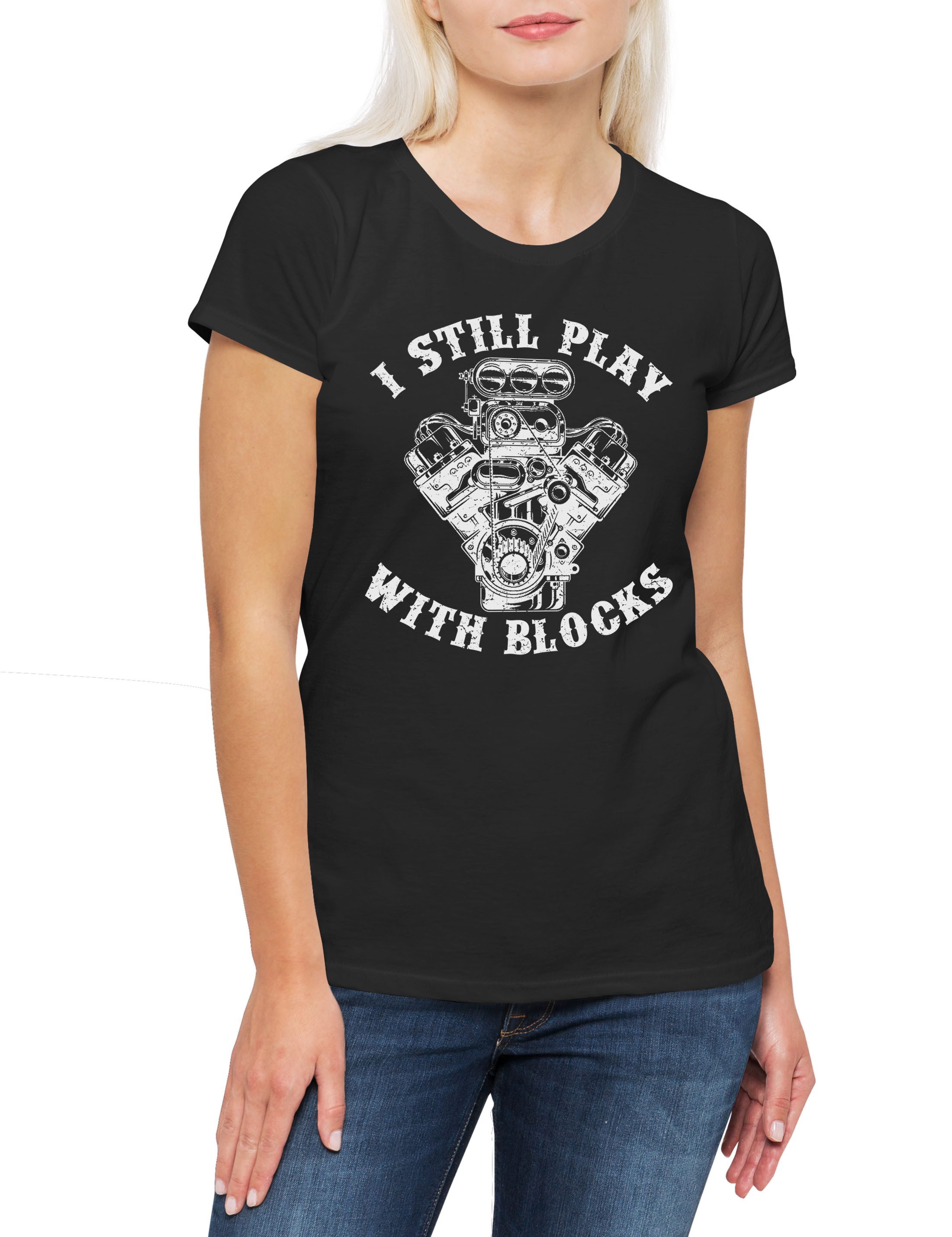Print-Shirt Motor I Still Play With Blocks Damen T-Shirt Big V8 KFZ Car Motorcycle