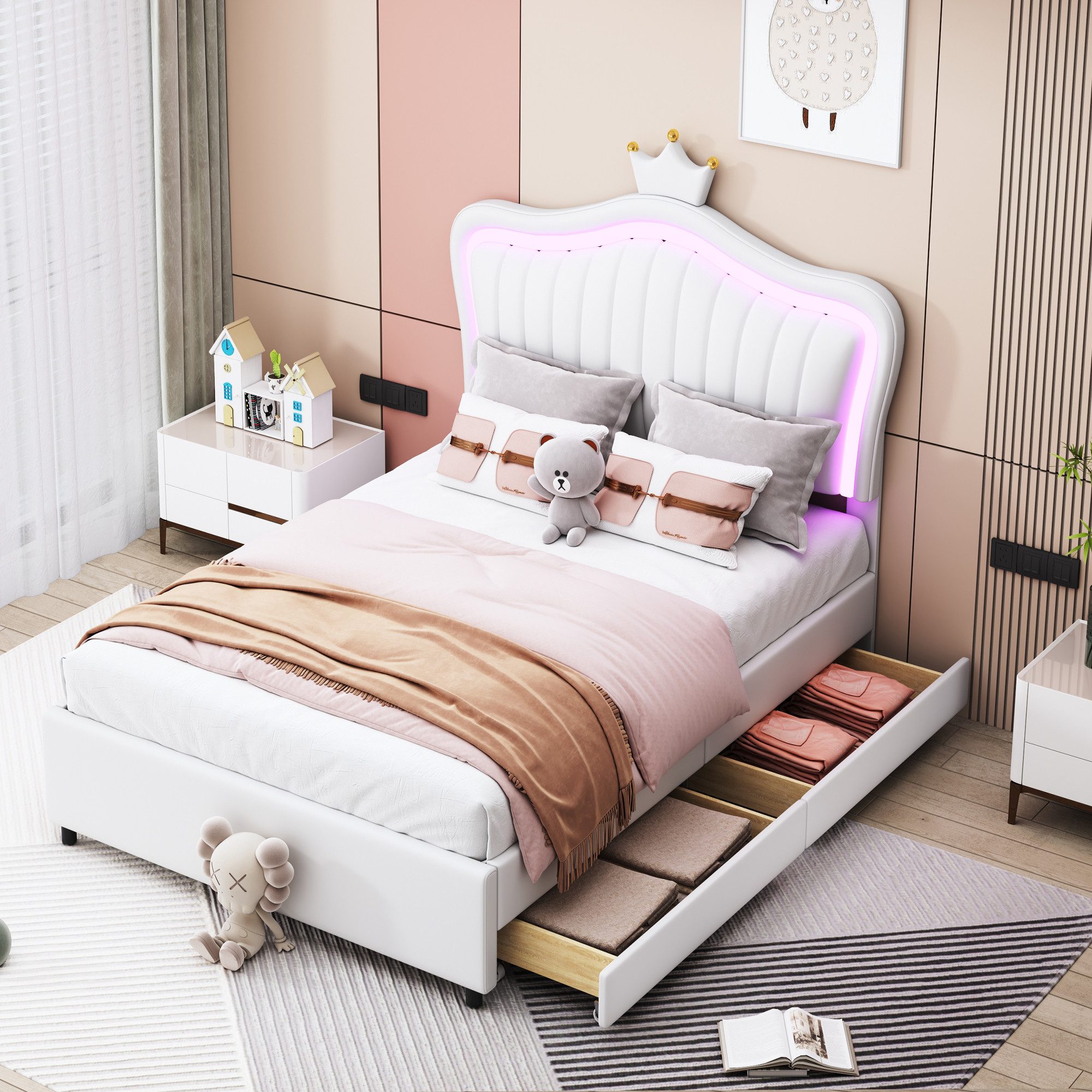 Rutaqian Polsterbett Doppelbett Kinderbett mit LED, Lattenrost und Rückenlehne, (1-tlg., stehen 2 Größen von), Kronendesign, 140 x 200 cm, aus PU-Leder, Ohne Matratze