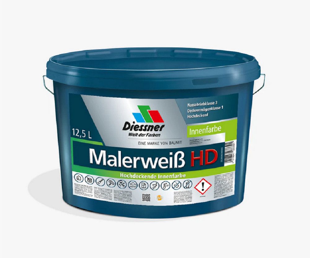 Diessner Wandfarbe Diessner Malerweiss HD Wandfarbe Deckenfarbe Farbe weiss 12,5 L
