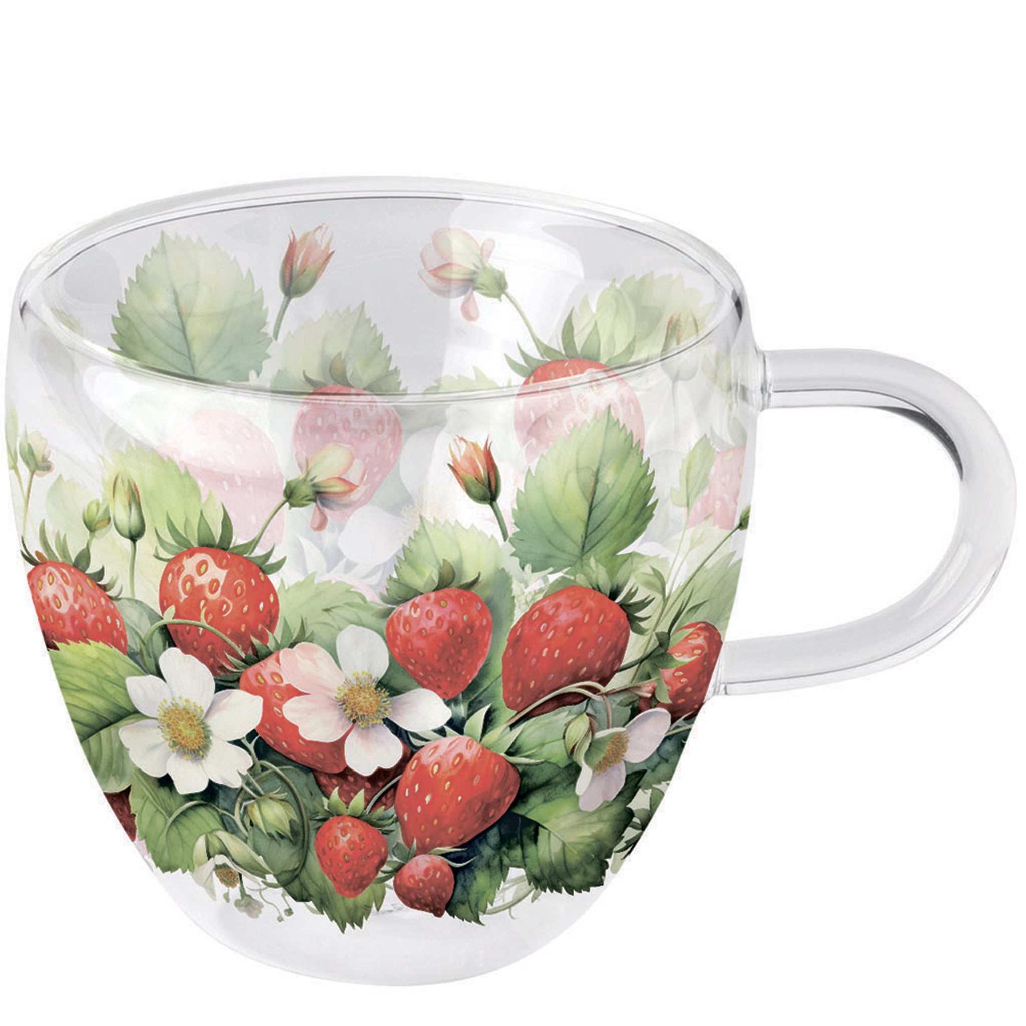 Ambiente Luxury Paper Products Tasse, Glas, Tasse 10cm Glas doppelwandig 0,2L mit Erdbeerblüten Motiv