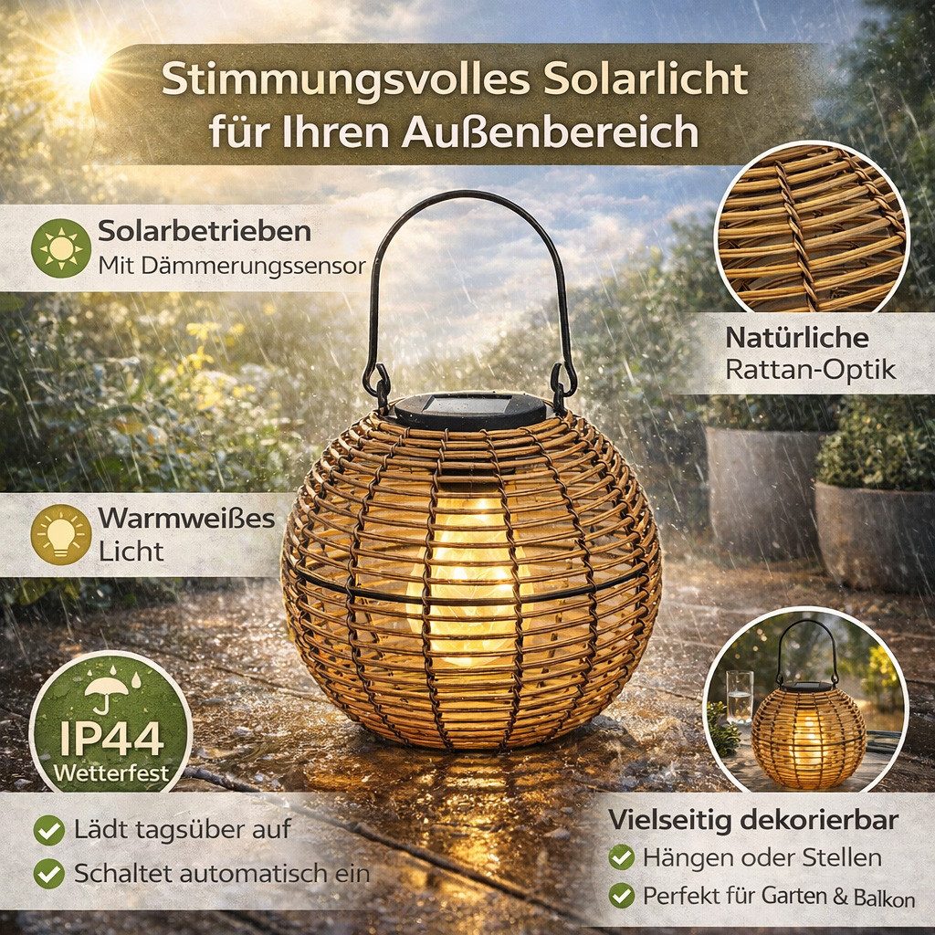 formano LED Laterne Solarlaterne Garten LED Metall 19 cm Rattan-Optik warmweiß Licht IP44, LED fest integriert