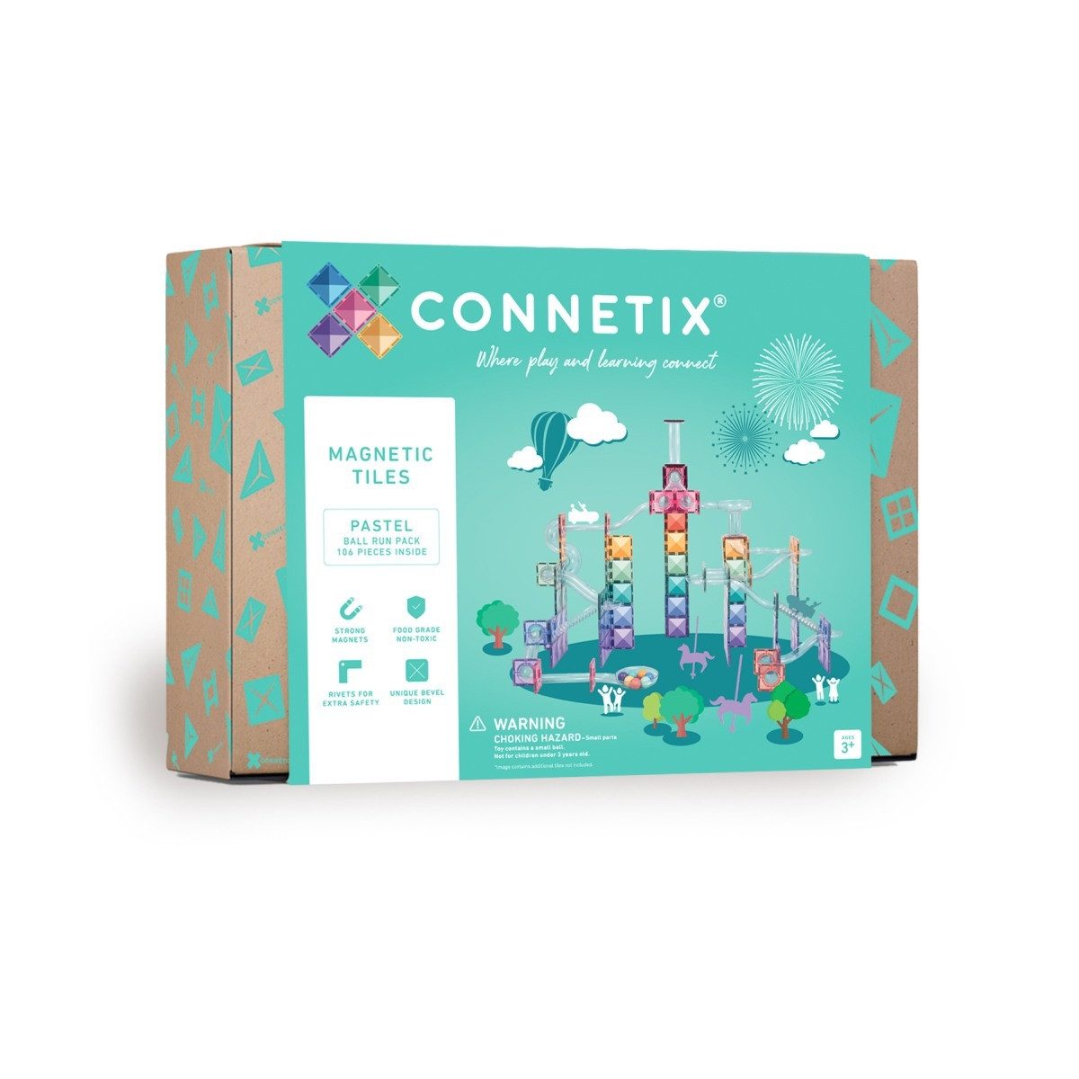 Connetix CONNETIX Pastel Kugelbahn Magnetbausteine 106-teiliges Set Holzkugeln Magnetspielbausteine, (Open Play, 106 Teile), ab 3 Jahren