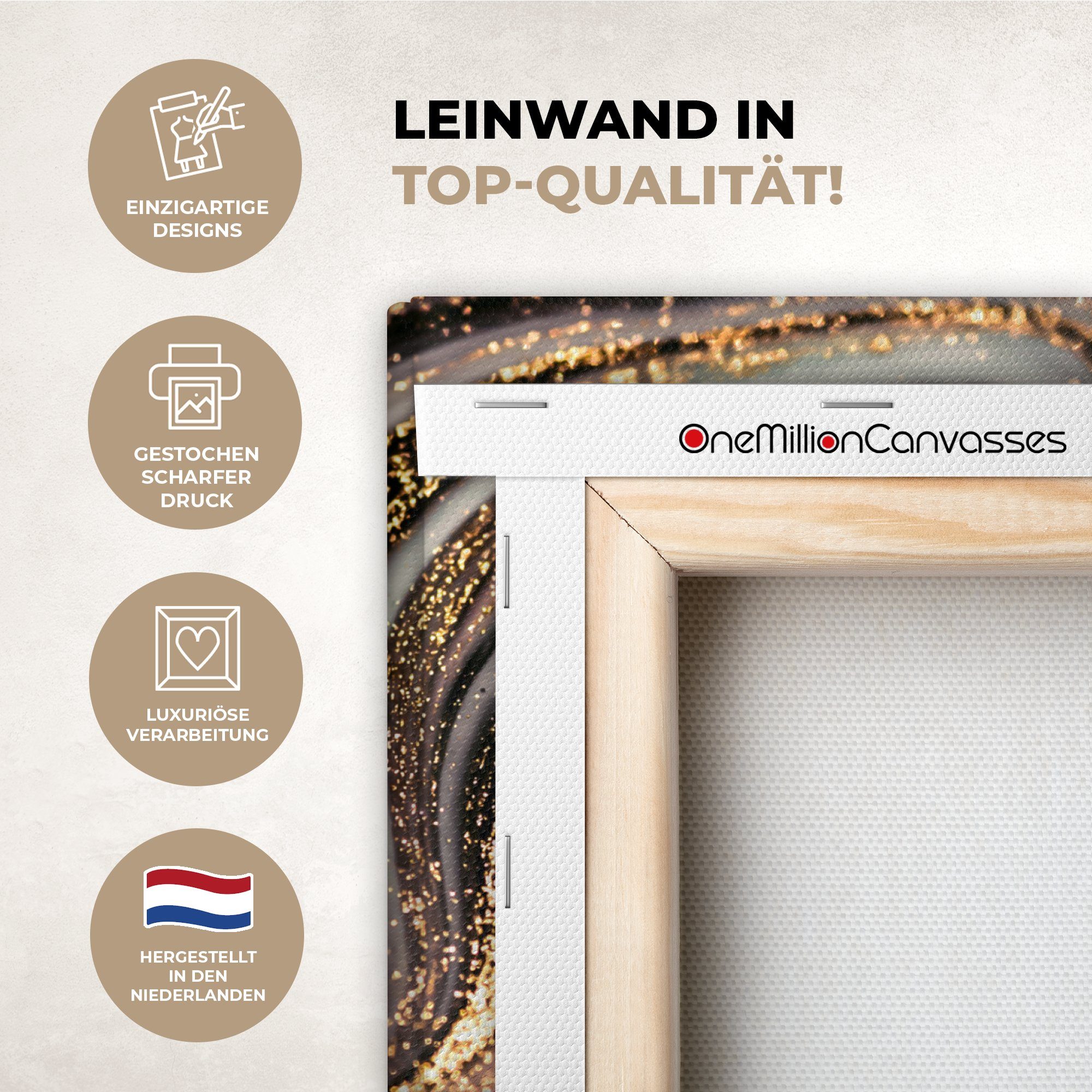 OneMillionCanvasses® Leinwandbild Marmoroptik - Gold - Glitter - Luxus - Marmor - Weiß, Fotodruck (1 St), Wandbild, Deko Schlafzimmer Wohnzimmer Flur 20x20 cm