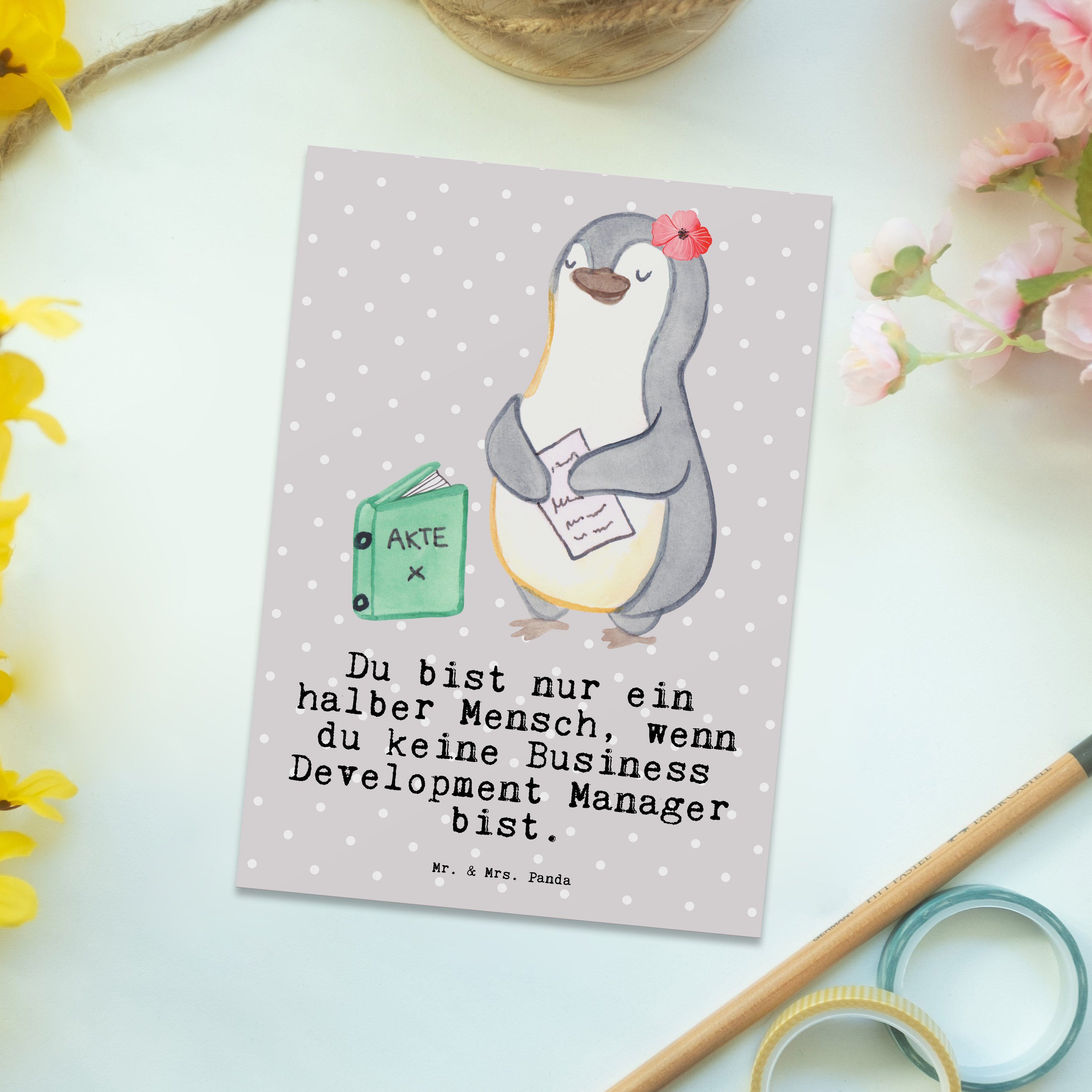 Business Development - Postkarte Manager Mr. Herz & Mrs. Panda Kart Grau Pastell Geschenk, - mit