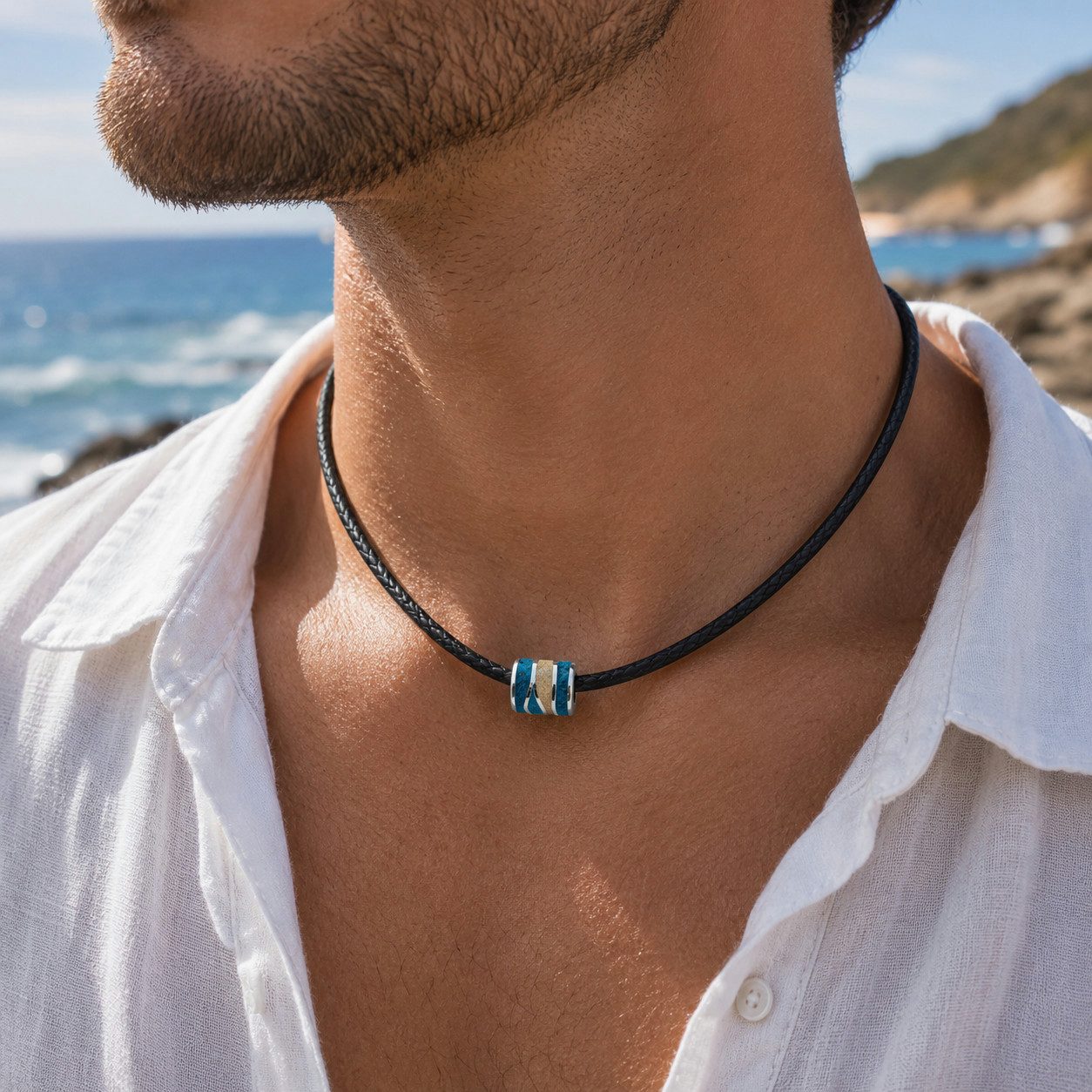 DUR Kette mit Anhänger Strandwellen K3061 925 Silber Strandsand blauer Steinsand 50 cm, maritime Kette