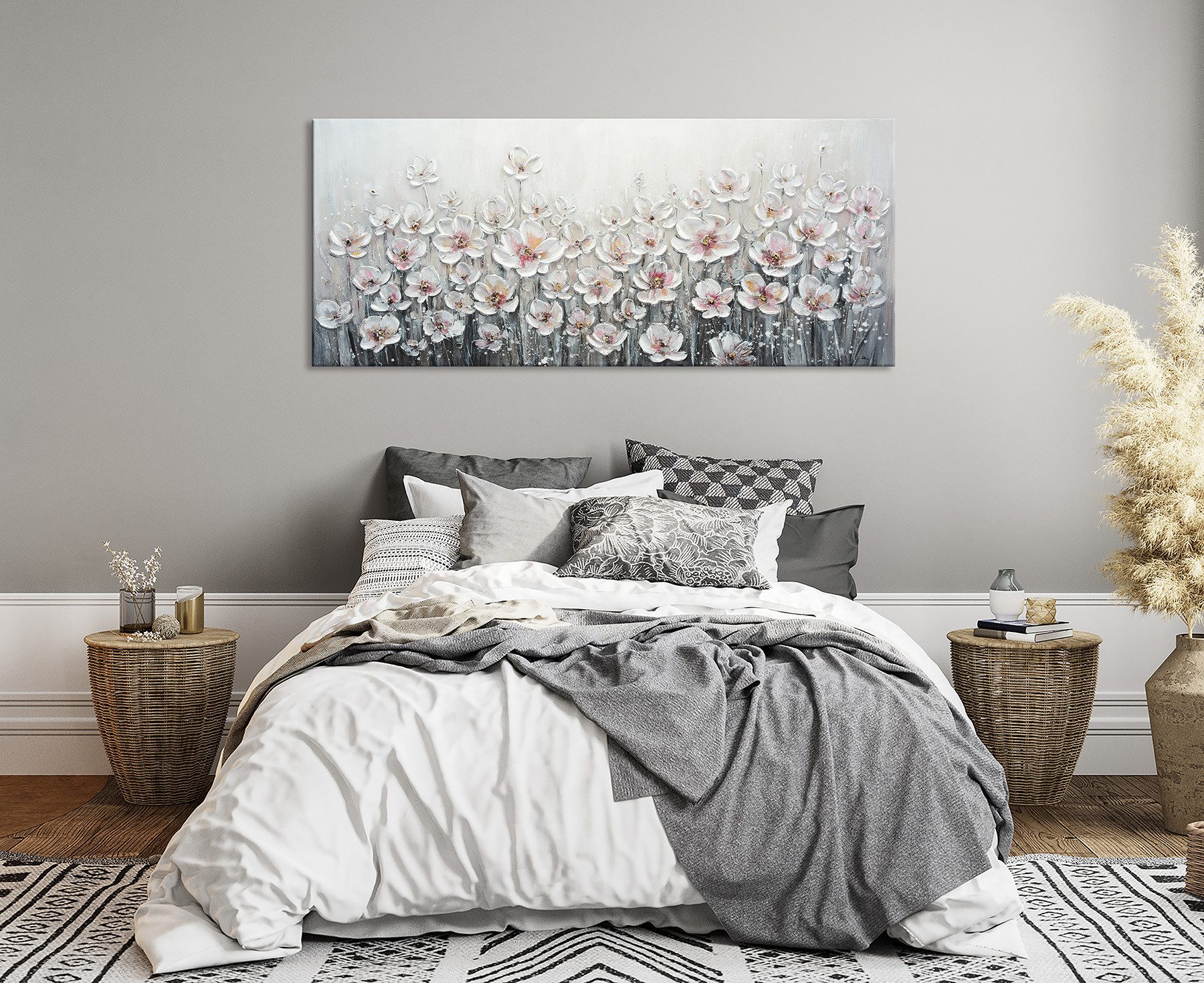 Bönninghoff Ölgemälde handarbeit WEISSE BLUMEN XXL 60x140 cm – Wandbild Kunst Deko, Blumen, Blumenbilder, Gemälde, Kunst, Pflanzen (1 St), handgefertigt, jedes Bild ein Unikat