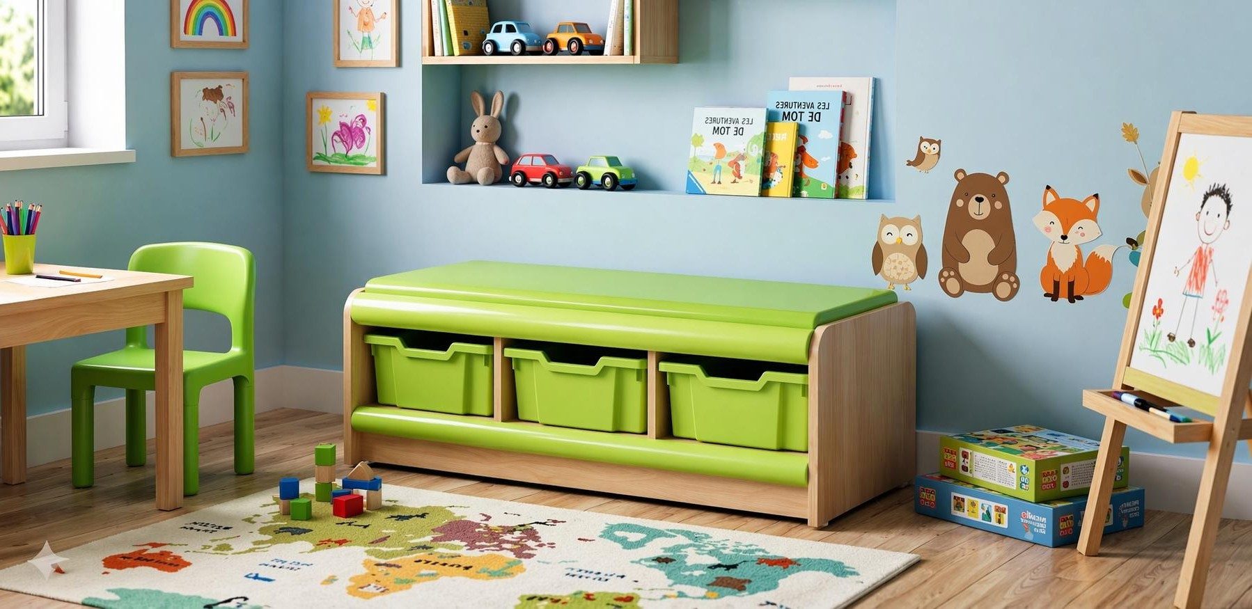 Xlmoebel Truhenbank Moderne Aufbewahrungsbank mit grünen Boxen für das Kinderzimmer (Mit Aufbewahrungsboxen), Made in Europa