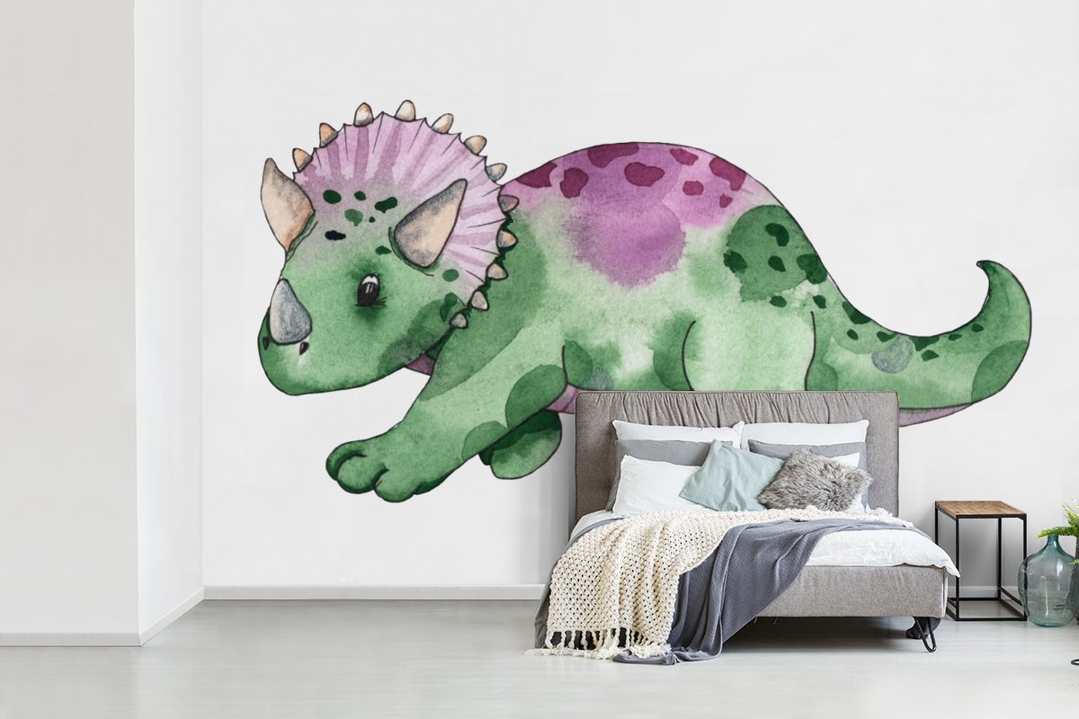 Vinyl Wallpaper Mädchen Schlafzimmer, Wohnzimmer, (6 Grün Dinosaurier - bedruckt, Tapete für - Fototapete MuchoWow St), Jungen Kinderzimmer - - Kinder, Matt, Kinderzimmer, -