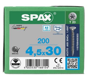 SPAX Spanplattenschraube Edelstahlschraube, (Edelstahl A2, 200 St), 4,5x30 mm