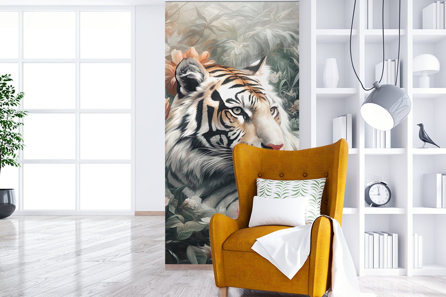 Fototapete Tiger Vliestapete - Matt, bedruckt, - MuchoWow für (2 Wohnzimmer Dschungel, Schlafzimmer St), - Wildtiere Fototapete Blumen Küche,