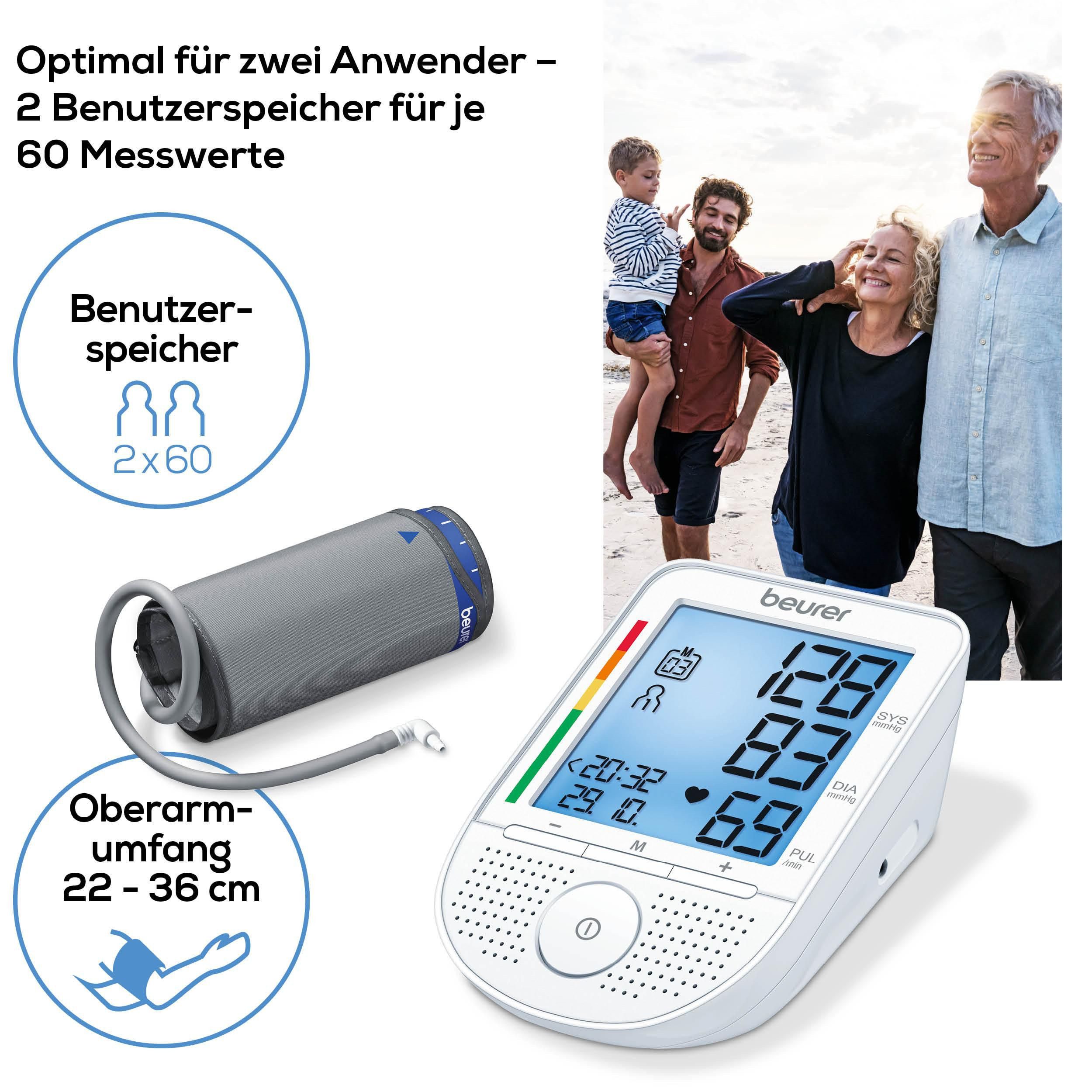 BEURER Oberarm-Blutdruckmessgerät BM 49 mit Sprachausgabe in DE, FR, IT, NL, Mit Arrhythmie-Erkennung, inkl. Aufbewahrungstasche und Blutdruckpass