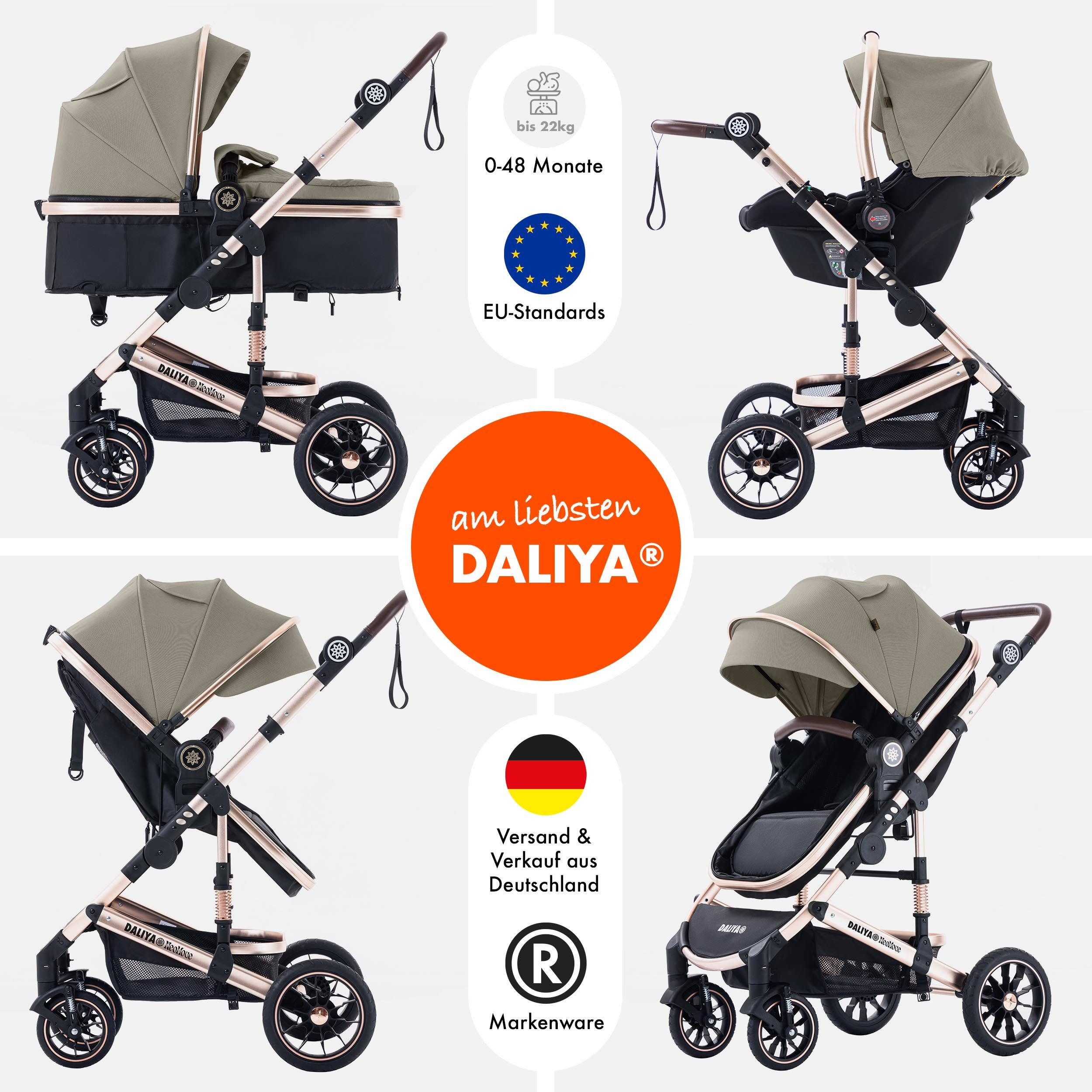 Daliya® Kombi-Kinderwagen NEOMOVE 3in1 Kinderwagen mit i-Size Babyschale & Buggy, (Reise-Set, 10-tlg), Kinderwagen mit i-Size Babyschale, Alu-Rahmen, Großer Einkaufskorb