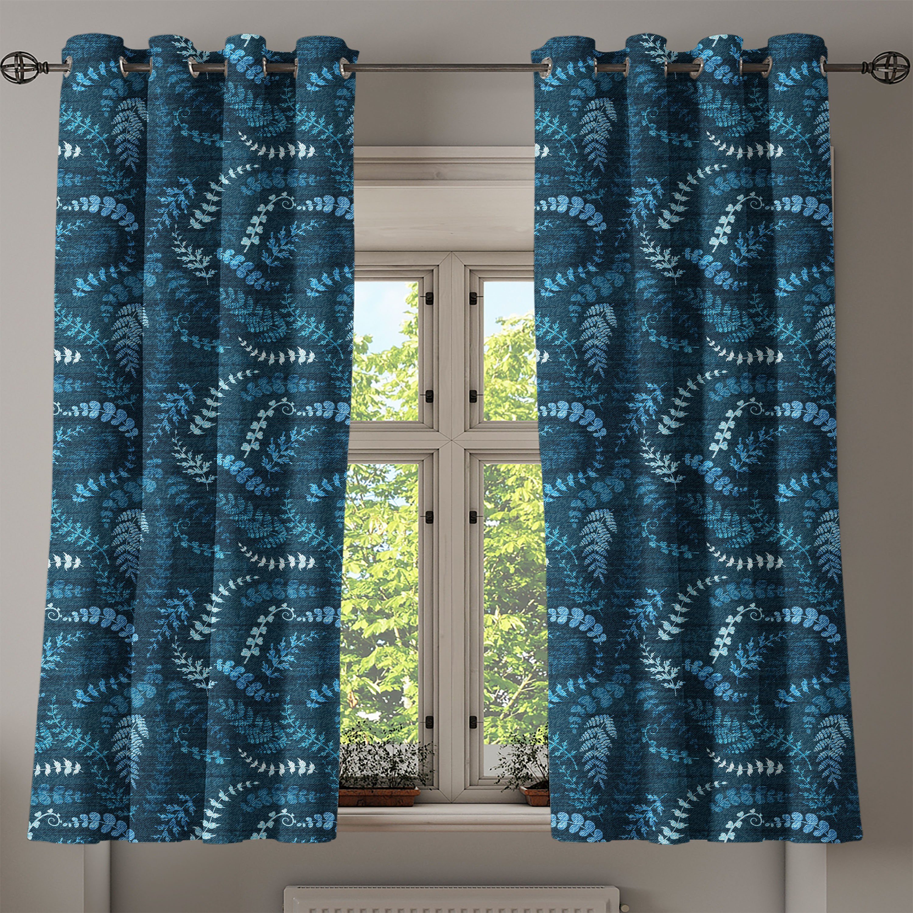 Gardine 2-Panel-Fenstervorhänge Wohnzimmer, Ast Dekorative Blau Blumenstrudel Blätter für Schlafzimmer Abakuhaus,