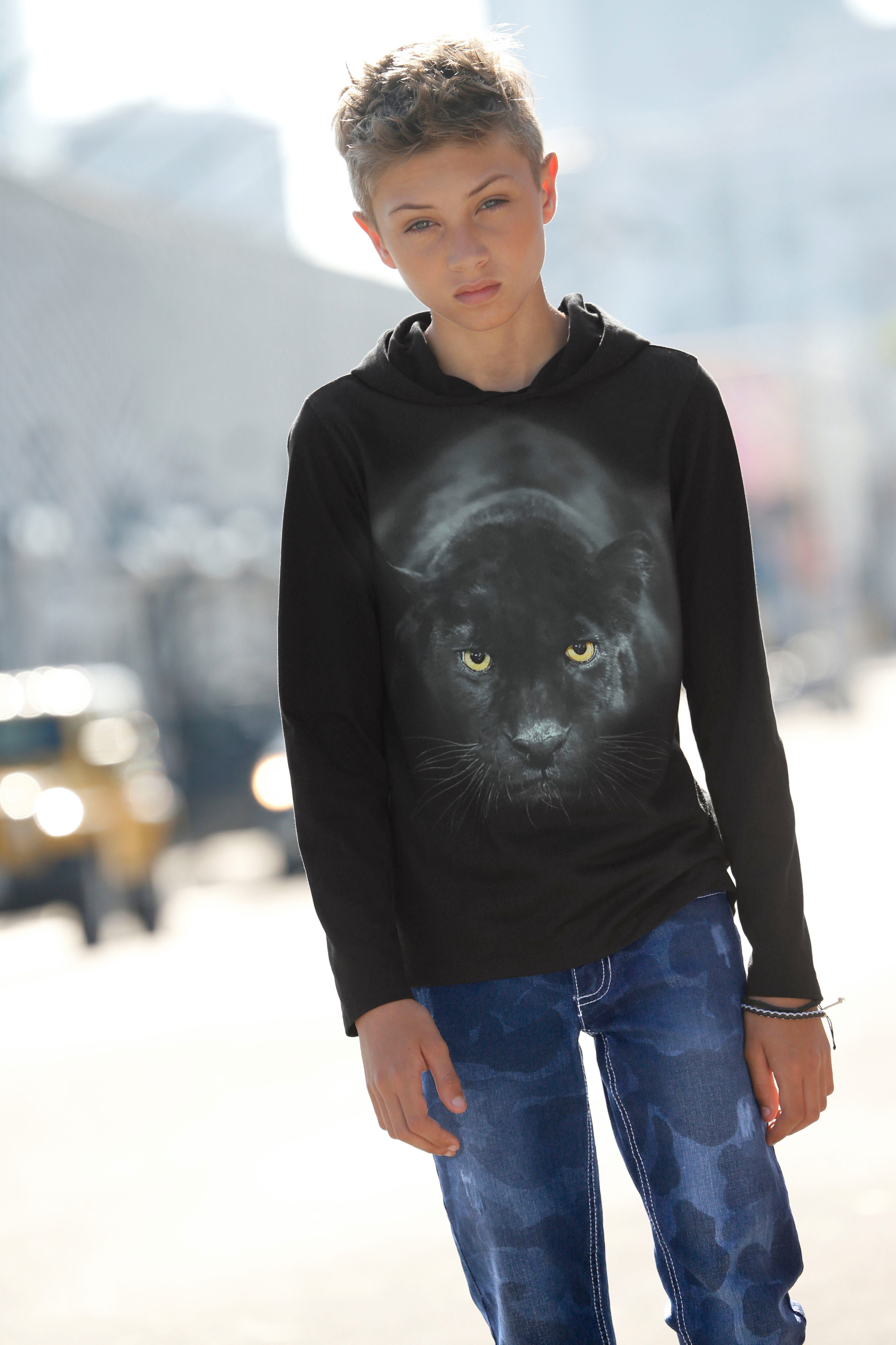 KIDSWORLD Kapuzenshirt PANTHER - Fotodruck Langarm, Basic-Passform, mit peppigem Druck, aus Baumwolle