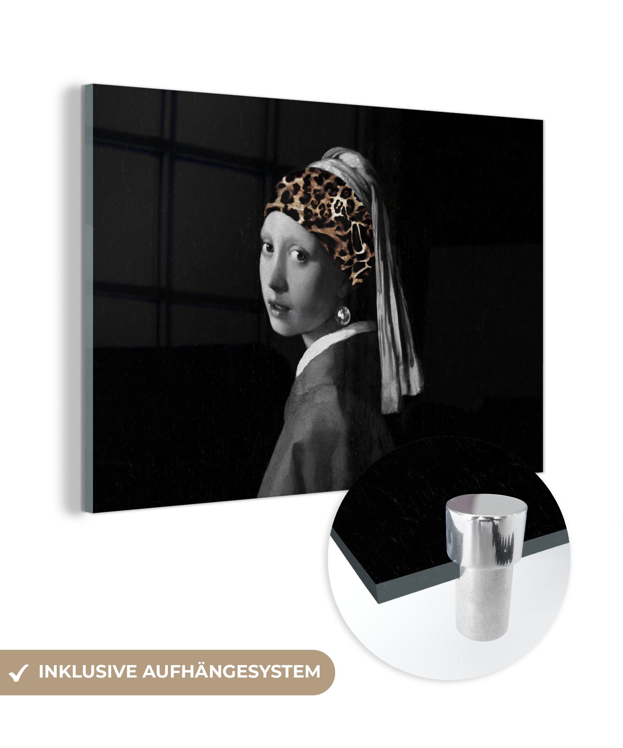 MuchoWow Acrylglasbild Girl with a Pearl Earring - Stirnband - Pantherdruck, (1 St), Glasbilder - Bilder auf Glas Wandbild - Foto auf Glas - Wanddekoration