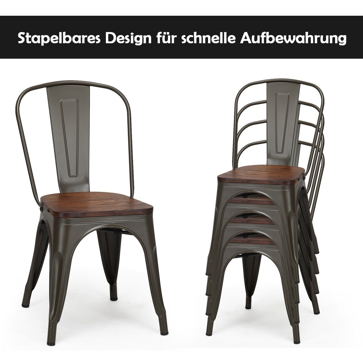 COSTWAY Esszimmerstuhl (4er Set), stapelbar,Metall, Kissen aus Holz,150kg