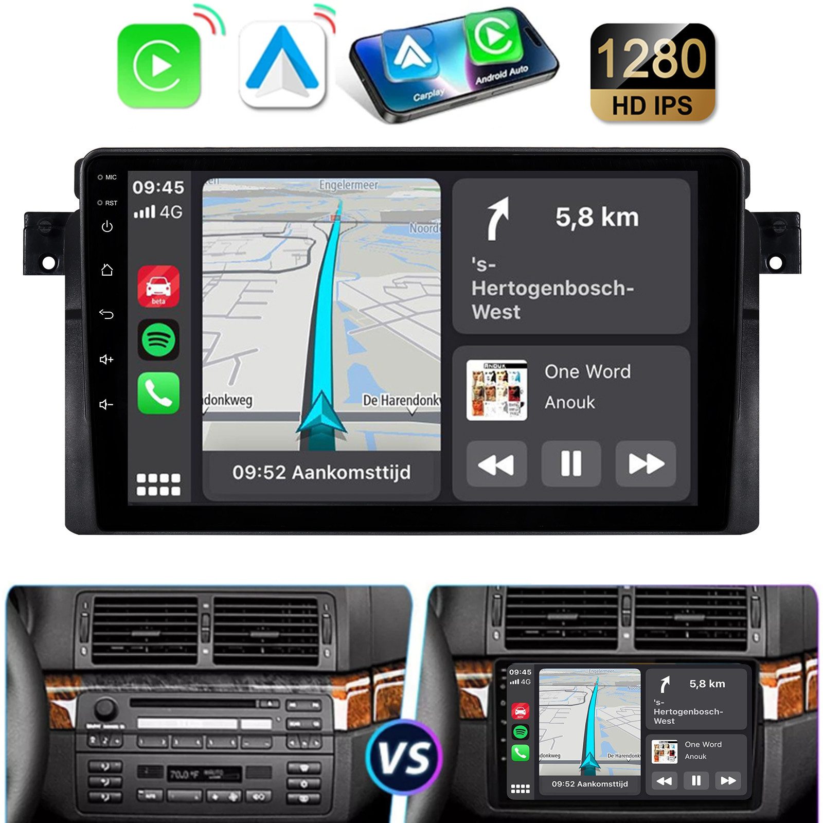 A-Sure 9" Carplay Android 15 GPS Navi Für 3er BMW E46 318 320 325 Autoradio (DSP, RDS, 8Core/ 4 Core, Android Auto, Digitalradio (DAB), FM, Apple Carplay, WIFI)