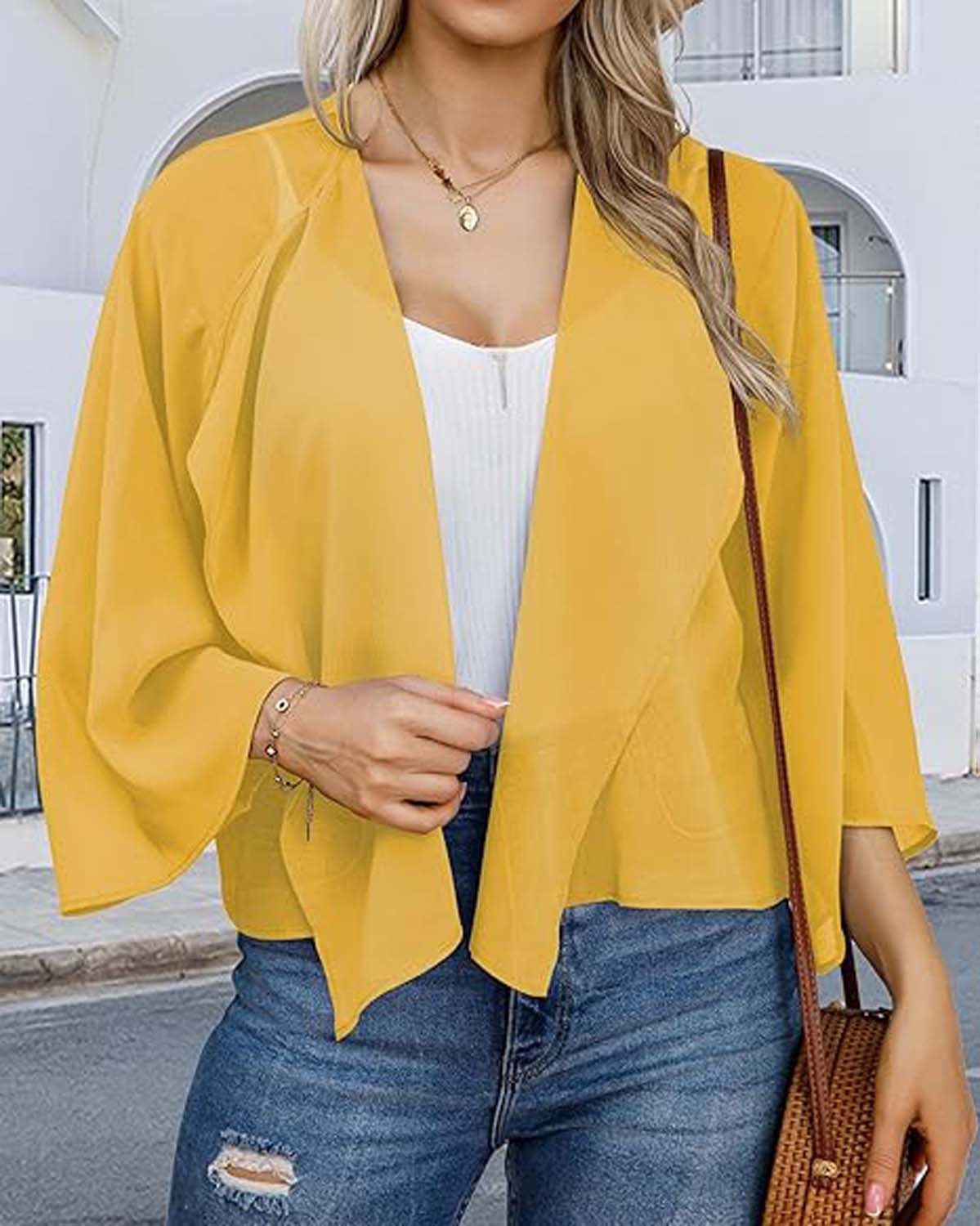 Bwecuy Bolero Damen Chiffon Bolerojacke Elegant Sommer Cardigan 3/4 Ärmel