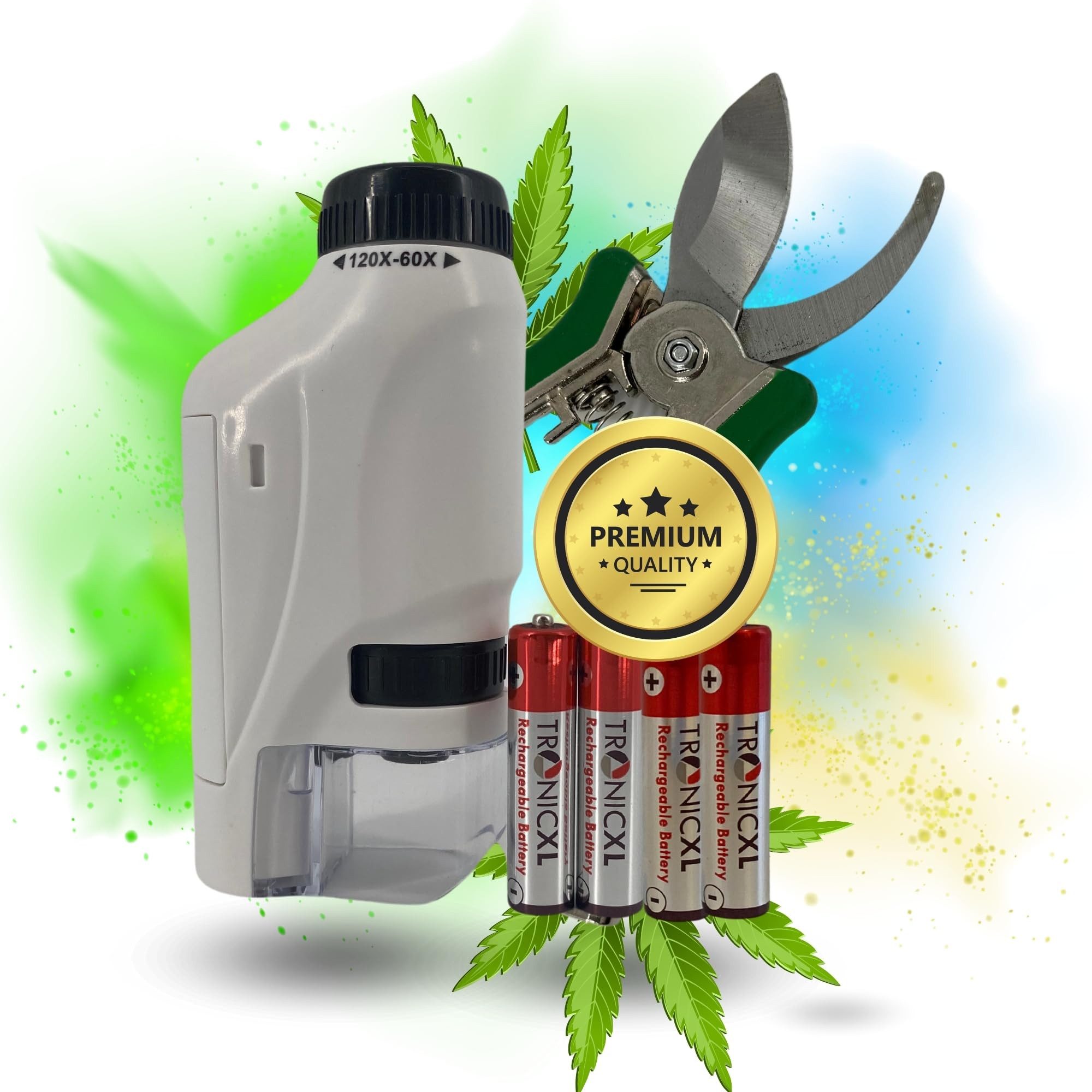 TronicXL Gartenschere Grow Ernte Taschenmikroskop Ernteschere Komplett Set für Growbox, Grower Zubehör Cannabis Verarbeitung Lupe