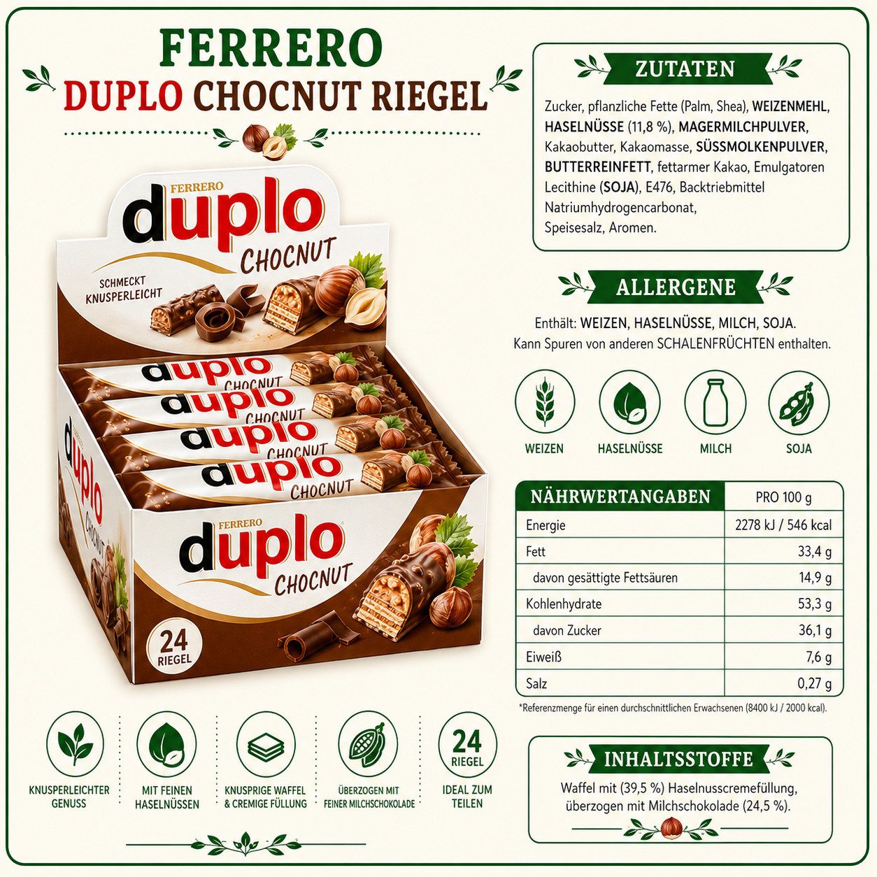 duplo Süßigkeit Ferrero Duplo Chocnut Riegel, 24 x 26 g