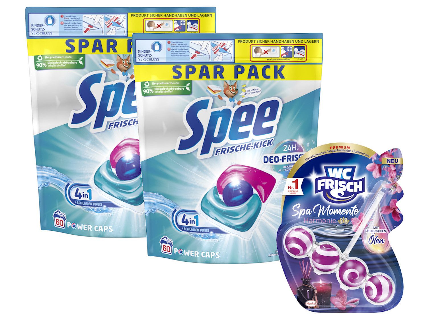 Spee 4+1 Power Caps 2 x 60 WL (120 WL) & WC FRISCH Spa Momente Harmonie 50g Vollwaschmittel (Spar-Pack, [120-St. Kapseln Frische Kick für 24h Deo Frische Reinheit & Sauberkeit)