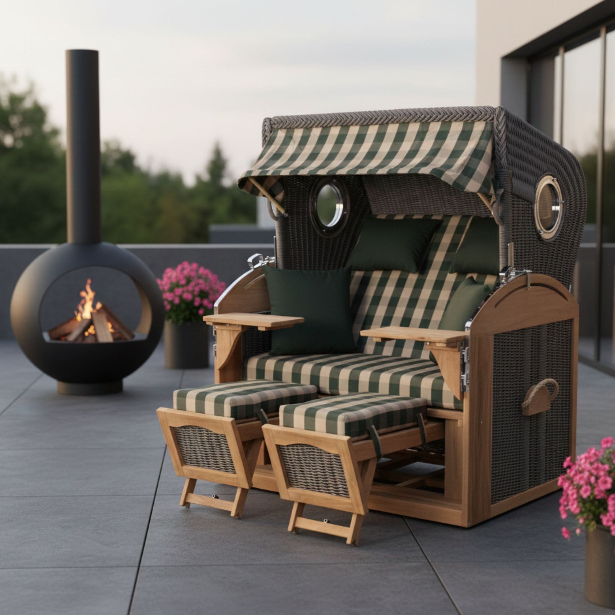 MR.DEKO Strandkorb XL Schillig Volllieger Teak PE Grey 2,5-Sitzer Bullauge, BxTxH: 142x95x170 cm, Vollieger, Schillig XL, (bereits montiert, ideal für Garten, Terasse und großen Balkon, 1-tlg), 2,5 Sitzer Strandkorb XL, Vollieger verstellbar