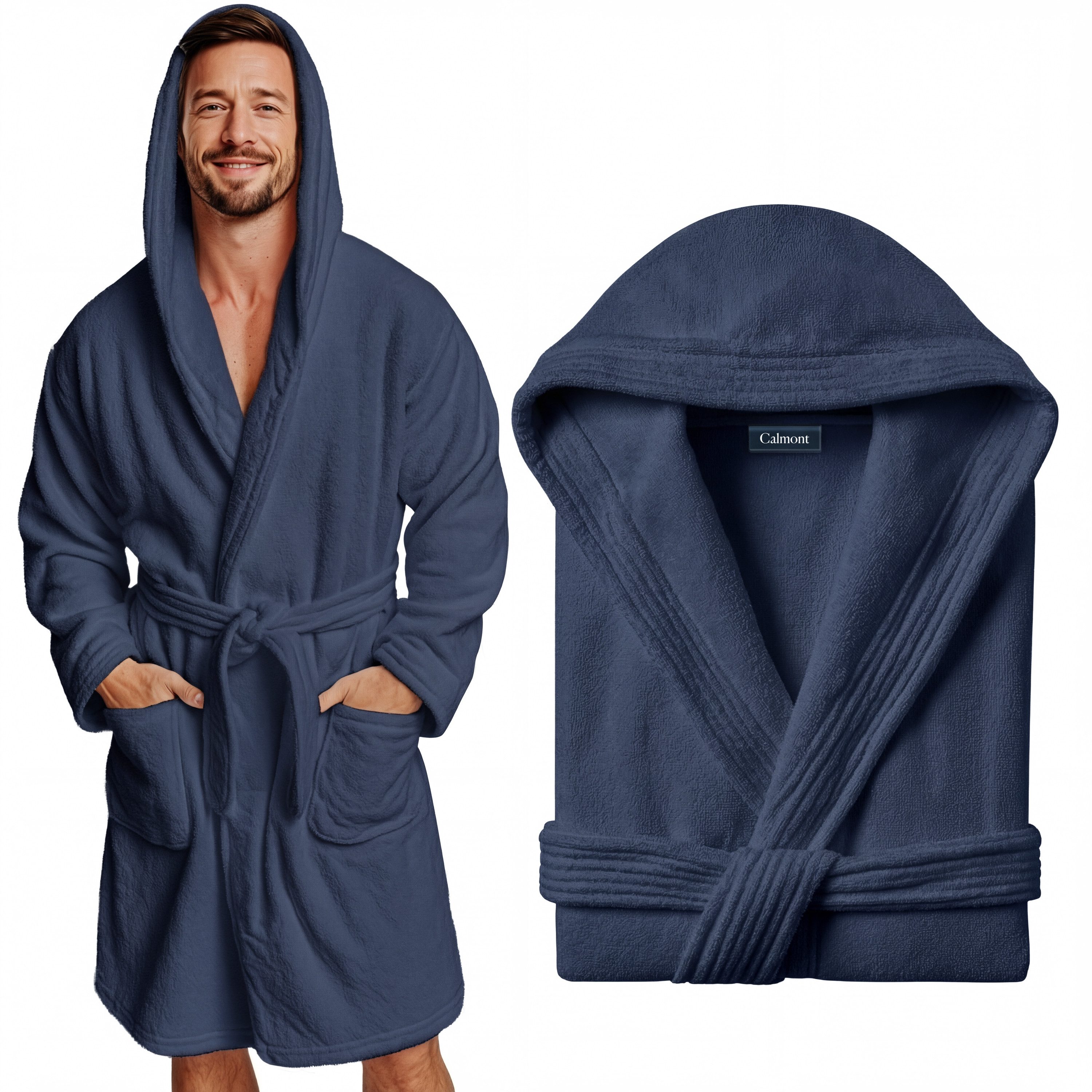 CALMONT Herrenbademantel CALMONT - Bademantel Herren aus 100% Baumwolle Frottee mit Kapuze, Kapuze, Gürtel, Kapuze, Große Taschen, Gürtel, Aufhängeschlaufe