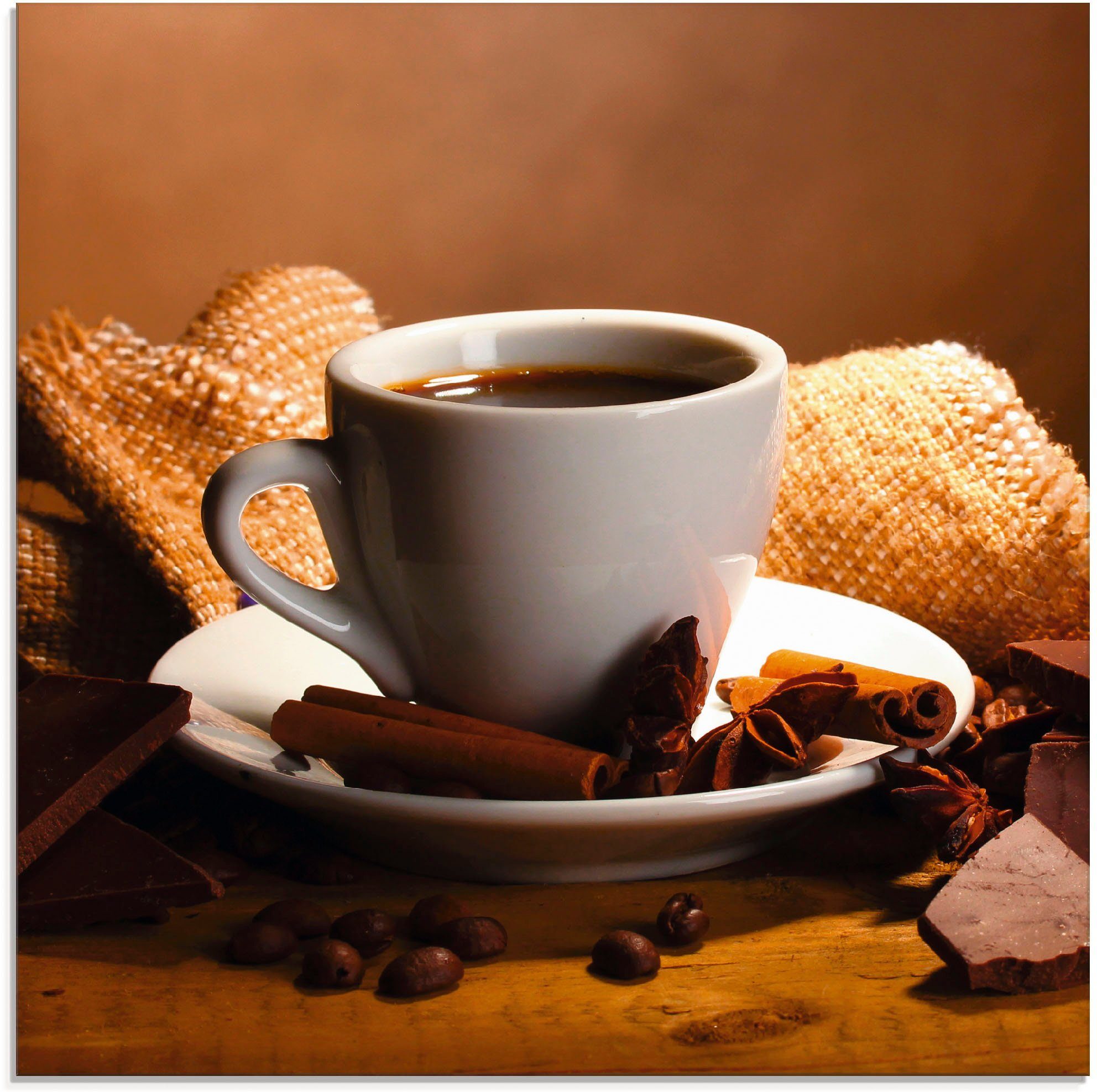 Artland Glasbild Kaffeetasse verschiedenen Nüsse Schokolade, (1 Zimtstange Getränke St), in Größen